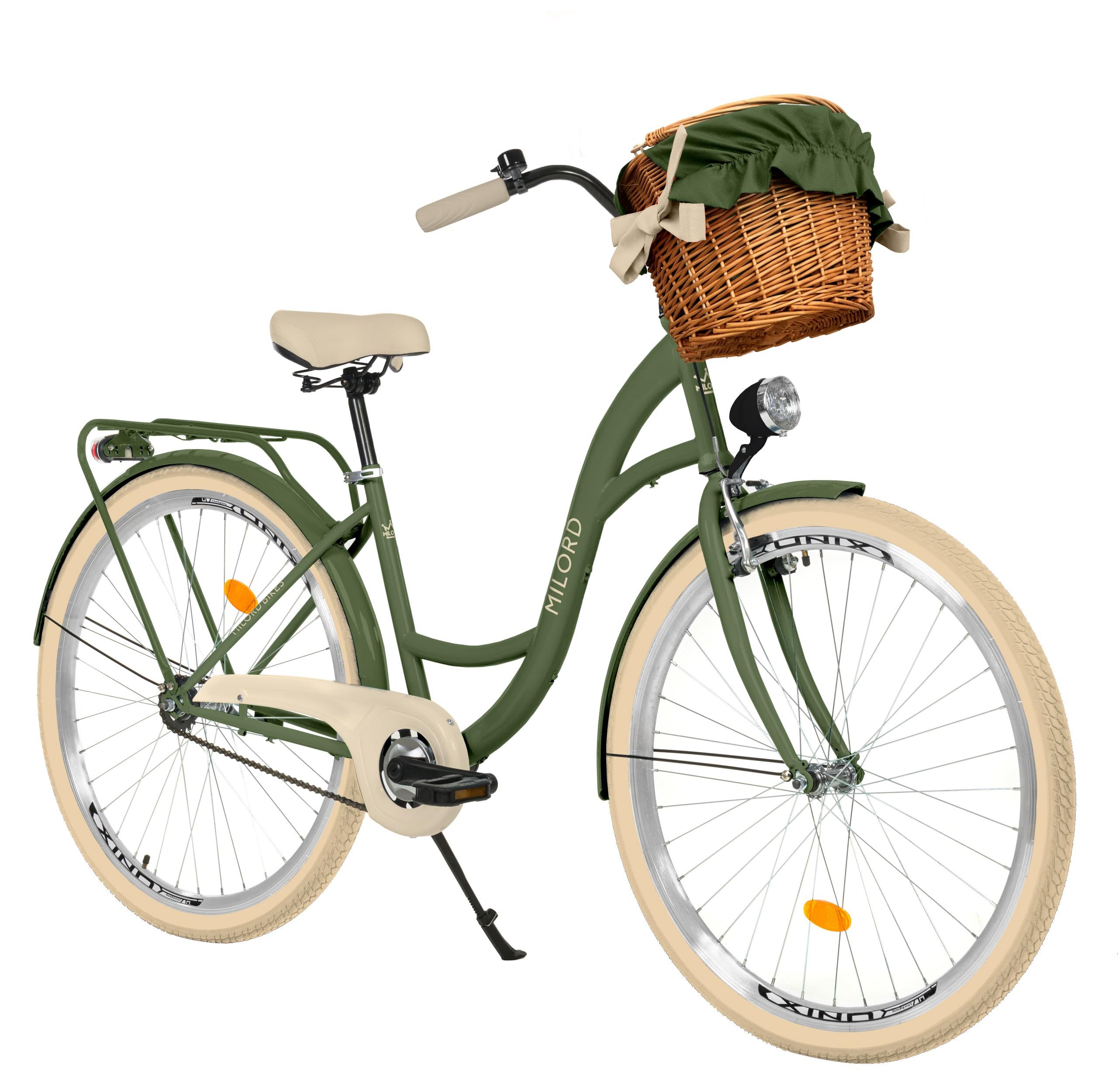 Milord Cityrad Milord City Fahrrad Weidenkorb Damen, 28/26 Zoll, Grün-Creme, 1-Gang, 1 Gang, (Fahrradständer, Gepäckträger, Klingel, Korb, Kotflügel)