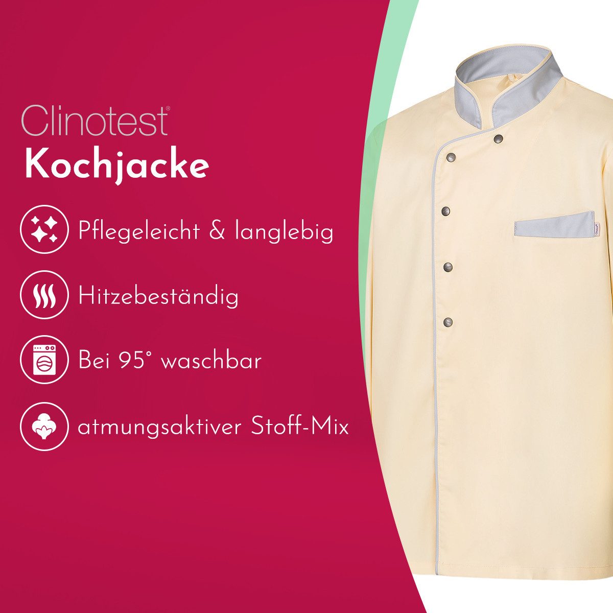 Clinotest Kochjacke langarm - 95 Grad waschbare, kochfeste Kochjacken ohne Einlaufen (1-St) Kochhemd aus 65% Polyester, 35% Baumwolle, mit Druckknopfverschluss
