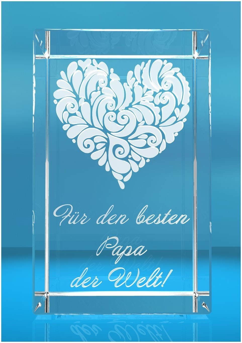 VIP-LASER Dekofigur 3D Glasquader I Motiv: Verziertes Herz Bester Papa der Welt, Hochwertige Geschenkbox, Made in Germany, Familienbetrieb