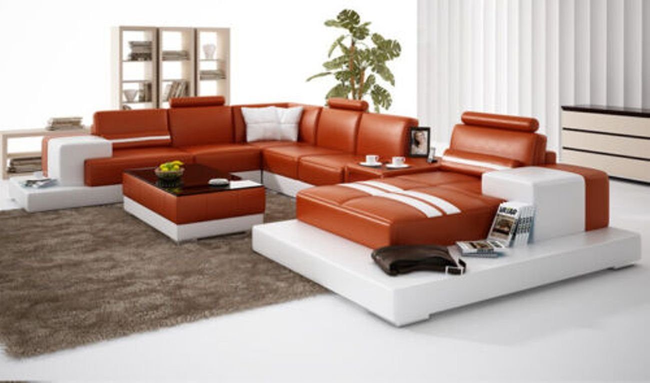 JVmoebel Ecksofa Ledersofa Wohnlandschaft Ecksofa Eck Garnitur Design Modern Sofa+USB Orange/Weiß