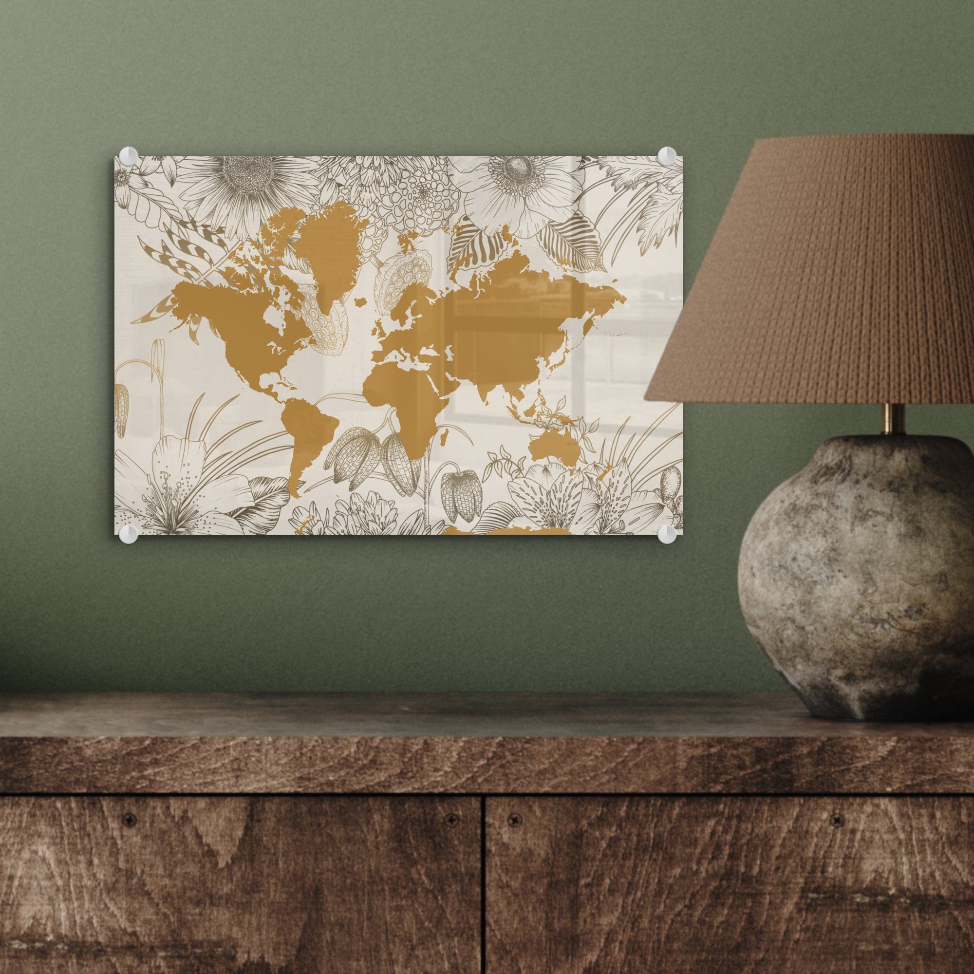 - Wandbild - Glasbilder Wanddekoration Gold Glas MuchoWow auf Bilder Weltkarte Acrylglasbild Foto Glas - - - St), auf Blumen, (1