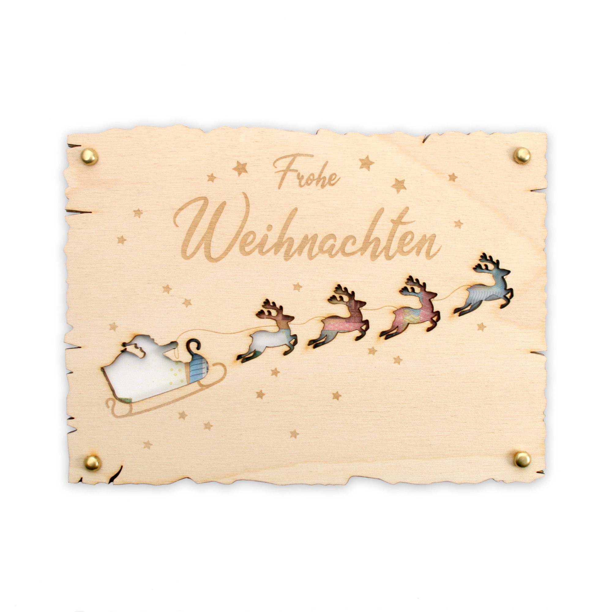 Kreative Feder Glückwunschkarte „Frohe Weihnachten“ - Glückwunsch-Karte aus Holz zur Weihnachtszeit, Geschenk-Karte für Geldgeschenke; Größe ca.: 14,6 x 19,7cm