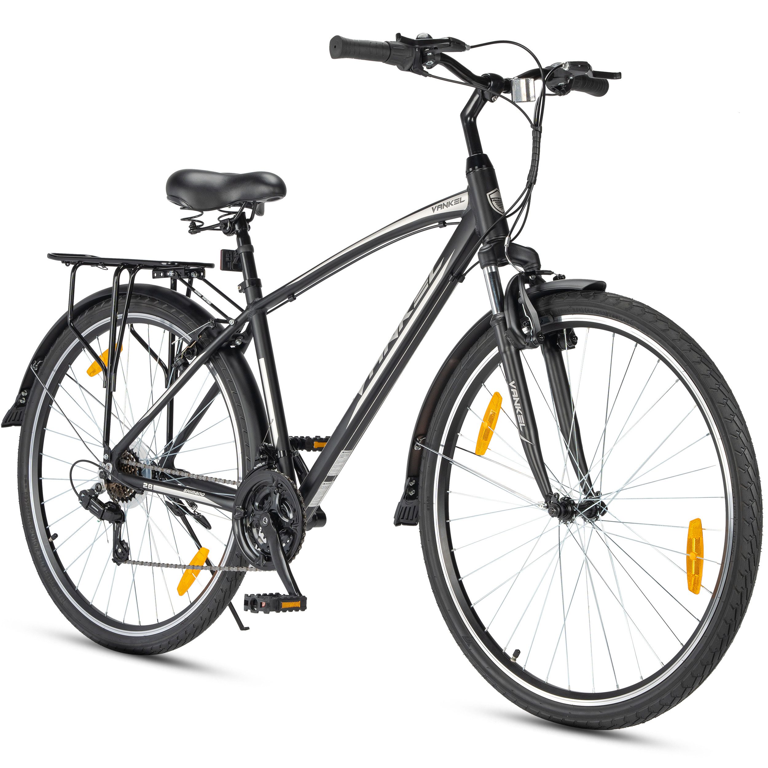 Vankel Mountainbike 28 Zoll, 3x7 Gänge, Aluminiumrahmen, Komfort-Federgabel, V-Bremse, 21 Gang, Kettenschaltung, Für Herren, City, Freizeit, Pendeln, Gepäckträger, Schutzbleche