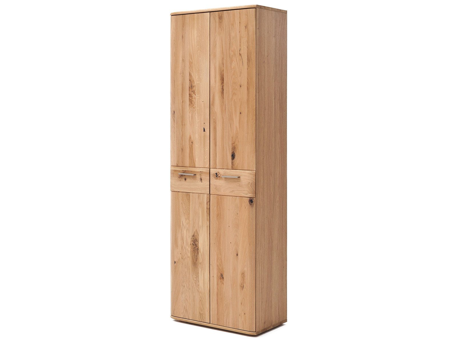 möbelando Garderobenschrank Nilo Moderner cm Einlegeböden Höhe 1 65 Balkeneiche Front cm, aus Holztüren, 2 und in Bianco 197 in Massivholz cm, Bianco Garderobenschrank, aus Korpus Breite Spanplatte 38 mit 5 Konstruktionsböden, Tiefe geölt Eiche Kleiderstange. 2 geölt