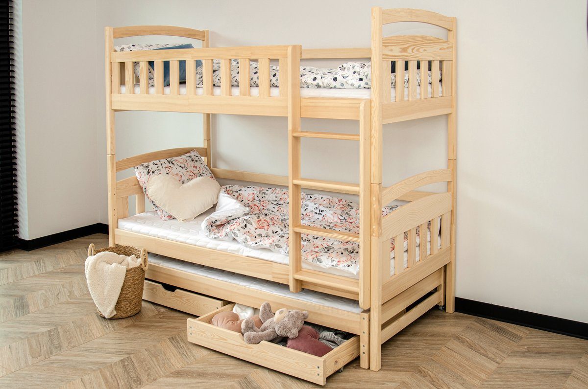 Kids Collective 80x180, Ausziehbett, drei und Kinderbett Etagenbett zwei Rausfallschutz, Hochbett und Schubladen natur mit mit 90x200 Matratzen, Lattenrost