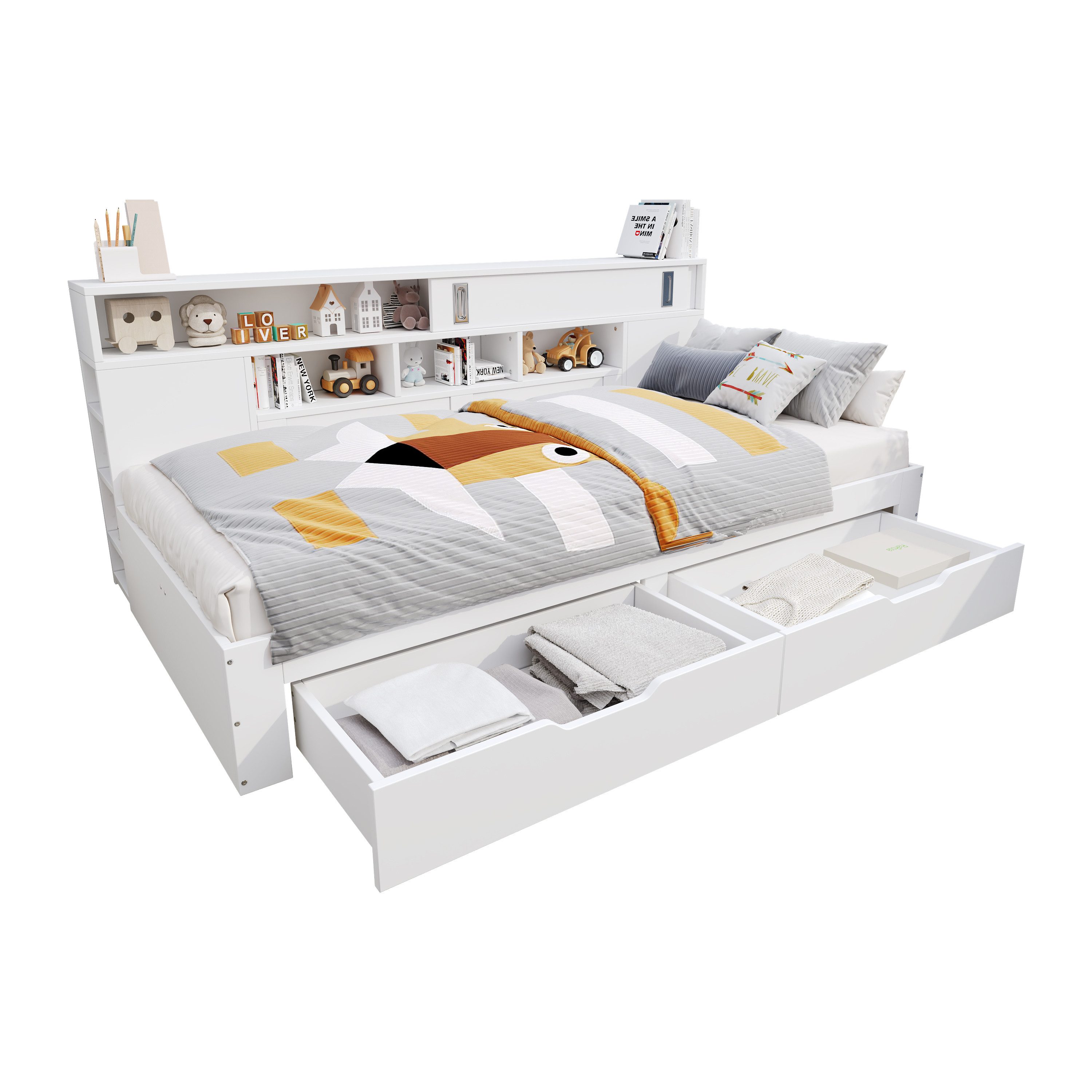 REDOM Hochbett Multifunktionales Möbel mit Stauraum (Daybett, Multifunktionales Kinderbett, mit Schubladen,Bücherregal und Stauschrank) 90*200cm, ohne Matratze