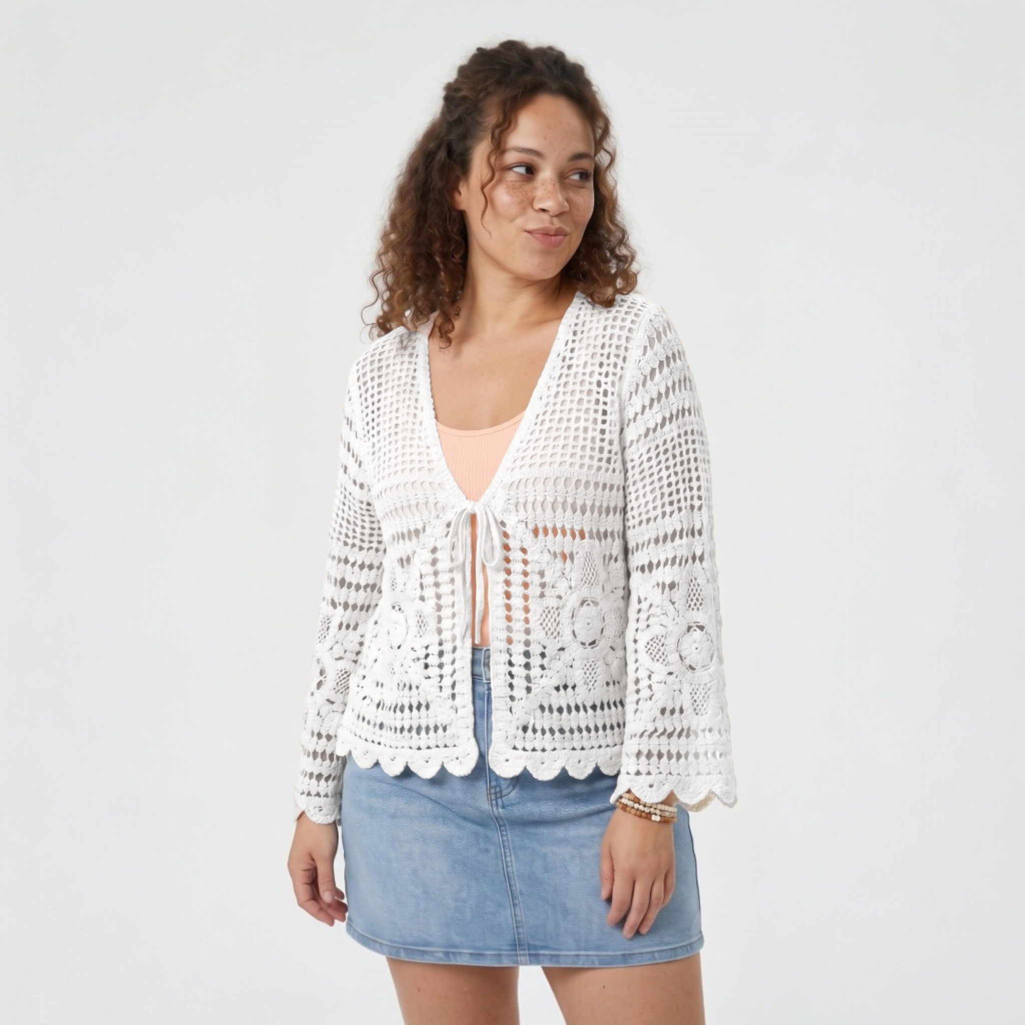 Strickjacke Cardigan leichte Sommerjacken Damen mit Schnürung Häkeljacke
