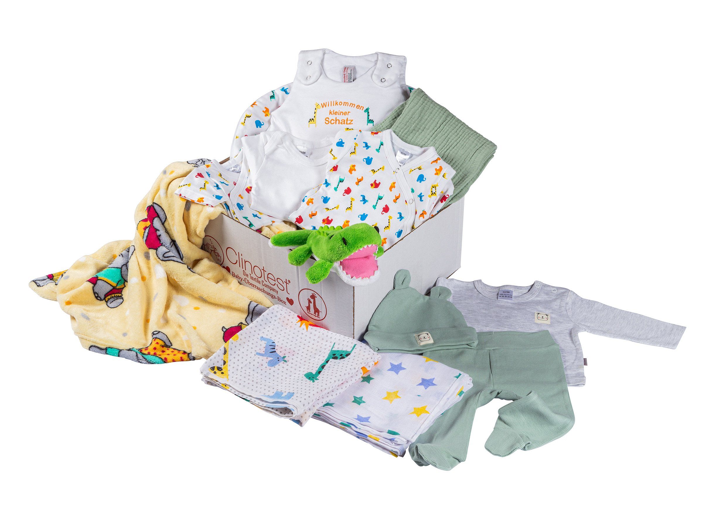 Clinotest Neugeborenen-Geschenkset Baby-Überraschungsbox, Bekleidungs-Set, verschiedene Boxeninhalte