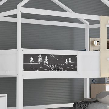 Merax Hochbett 90x200 cm, Etagenbett inkl. Treppe, Tafel und Lattenrost, Massivholz