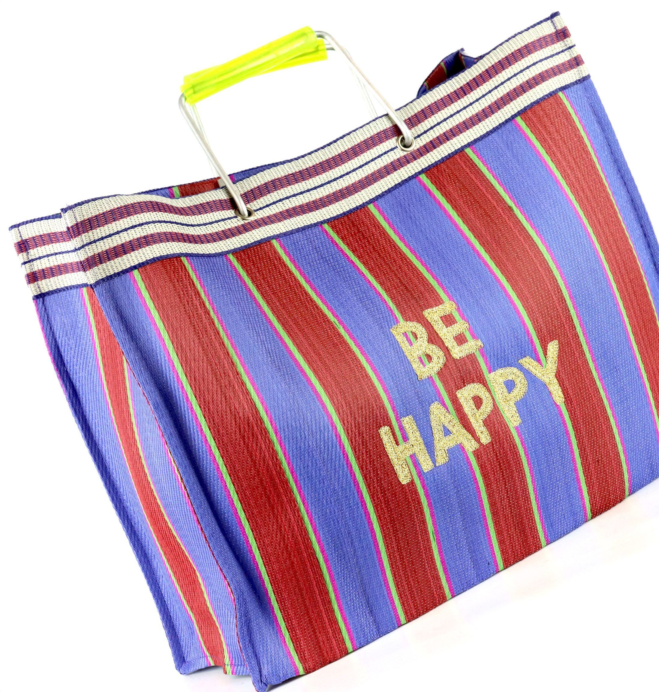 FURNARO Shopper, Einkaufstasche mit Beschriftung Be Happy und Streifen 35x45x15 cm