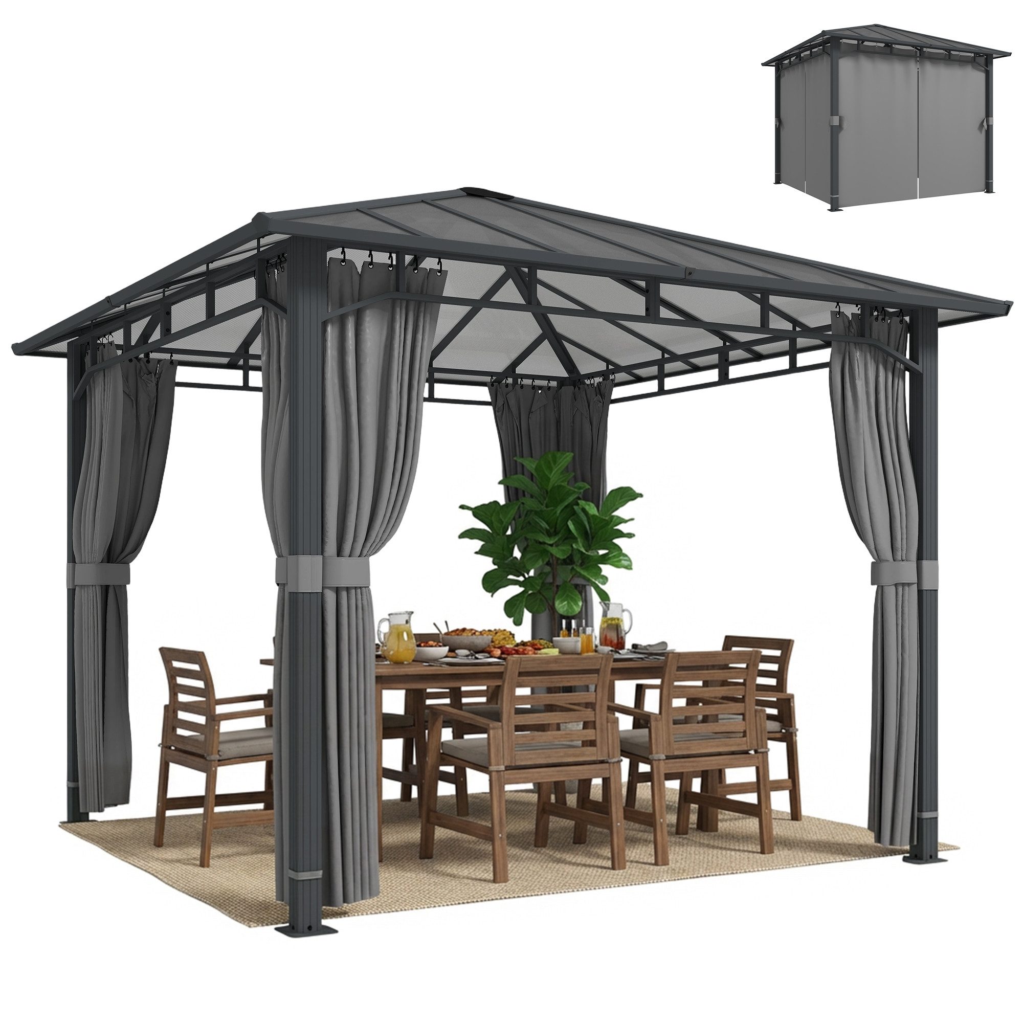 Outsunny Pavillon mit 6 mm Polycarbonat-Dach, 4 Seitenteile, mit 4 Seitenteilen, (Gartenpavillon, Pergola), Dunkelgrau