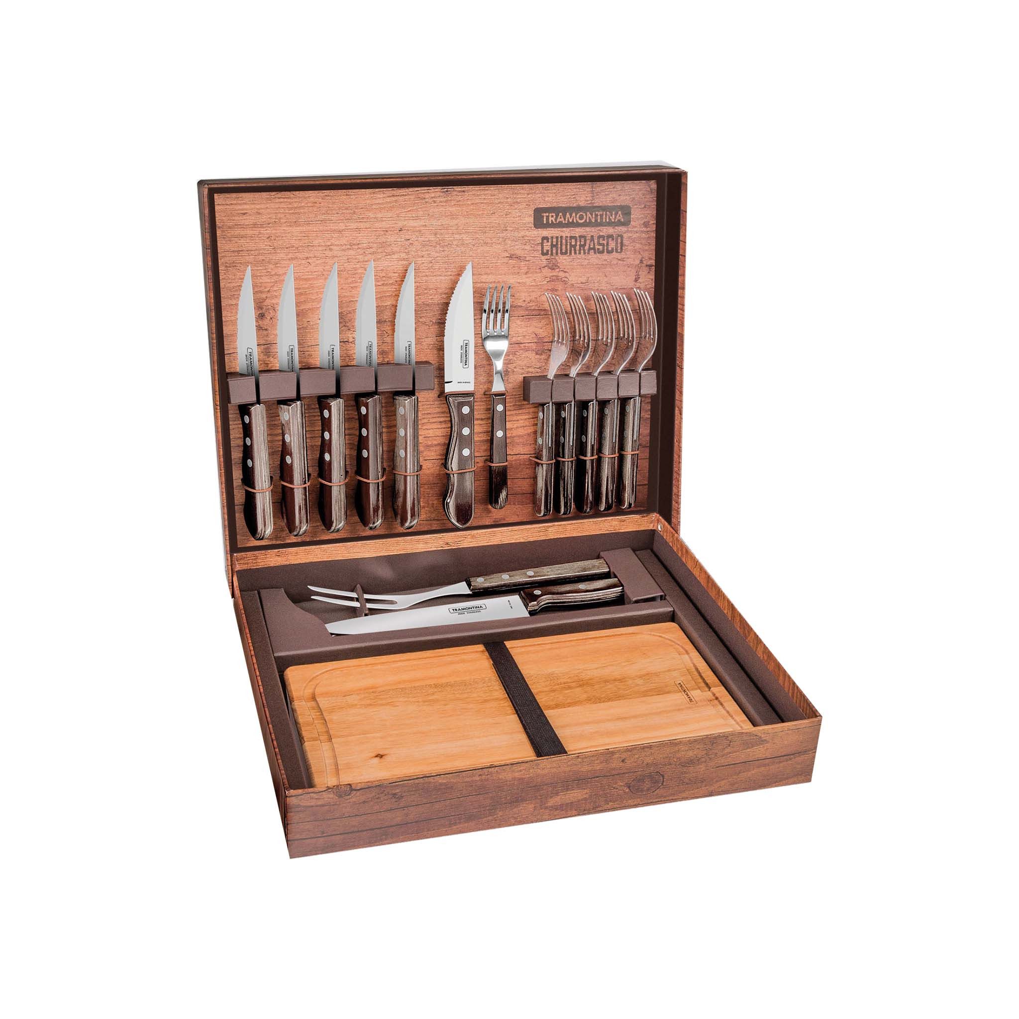 Tramontina Столовые приборы для барбекю-Set JUMBO BBQ-Koffer, Set, Grillausstattung, (15 tlg), Steakbesteck, Tranchiermesser, Teakholz Schneidebrett