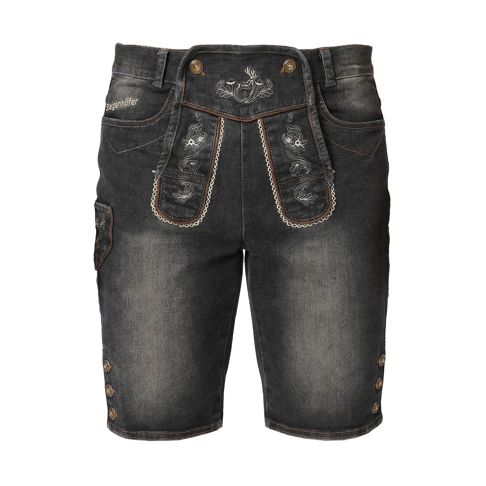Steigenhöfer Manufaktur Trachtenjeans Herren im Lederhosen Look - Leonard - Stonewashed Stretch Denim Trachtenlatz mit Knopfleiste - Kurze Jeans - Oktoberfest Outfit