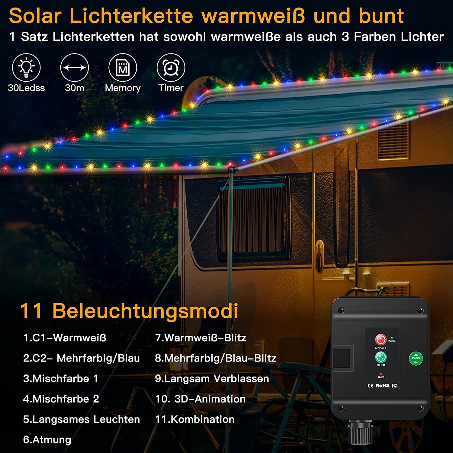 Modi IP67 Solarlichterkette 2x30m Diyarts Wasserdicht 11 LED-Lichterkette, Timer &
