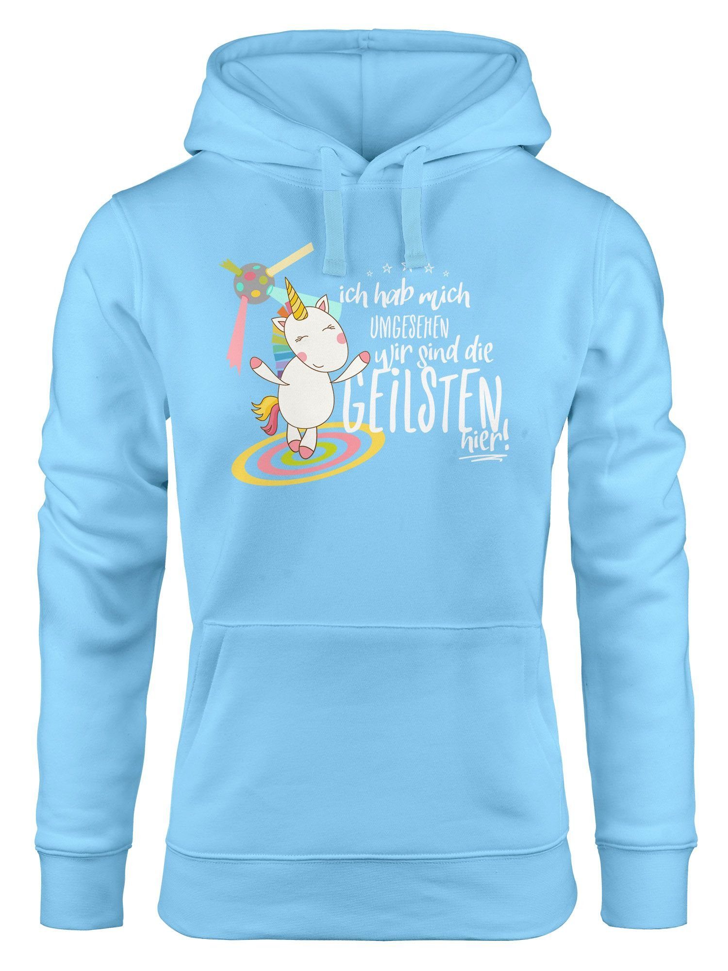 MoonWorks Hoodie Damen Kapuzen-Pullover hab sind Party hellblau Disco geilsten Einhorn umgesehen hier mich die wir Moonworks® Ich