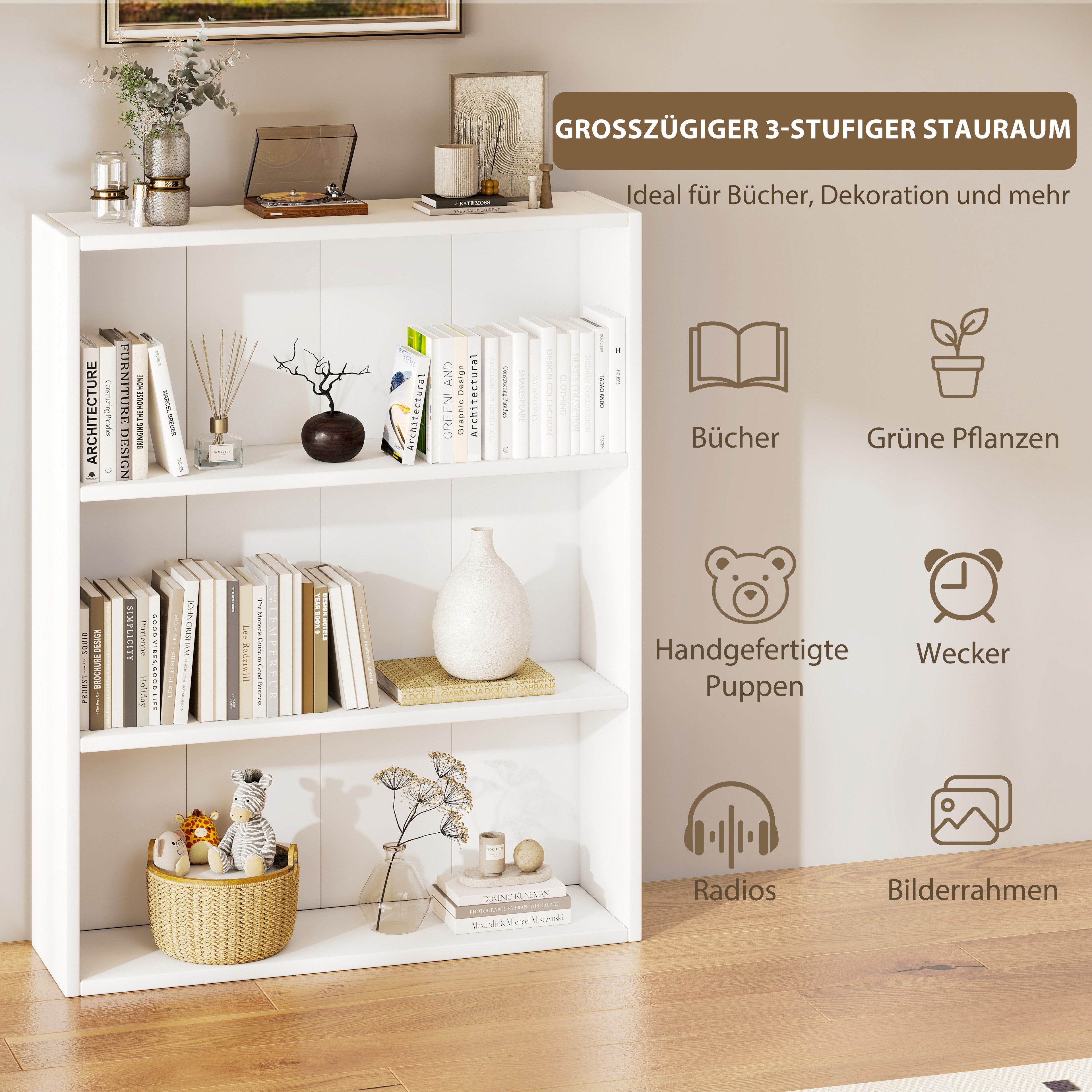 oyajia Bücherregal Bücherregal 100cm für Wohnzimmer Home Office,3-Stöckiges, Standregal, Büroregal, 3 Fächer, Holzwerkstoff, 60/ 80x24x100cm (BxTxH)