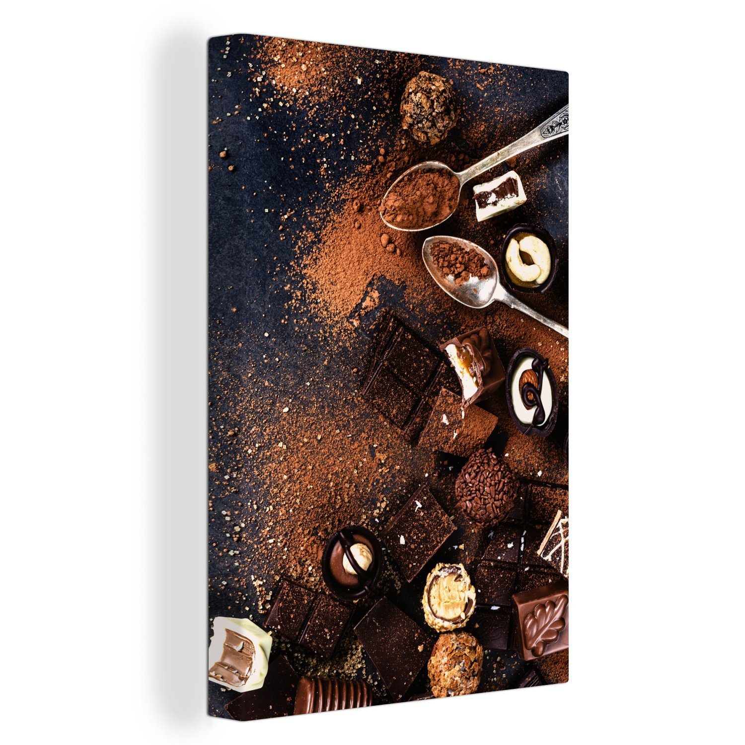 OneMillionCanvasses® Leinwandbild Die verschiedenen Schokoladentrüffel auf dem Tisch, (1 St), Leinwandbild fertig bespannt inkl. Zackenaufhänger, Gemälde, 20x30 cm