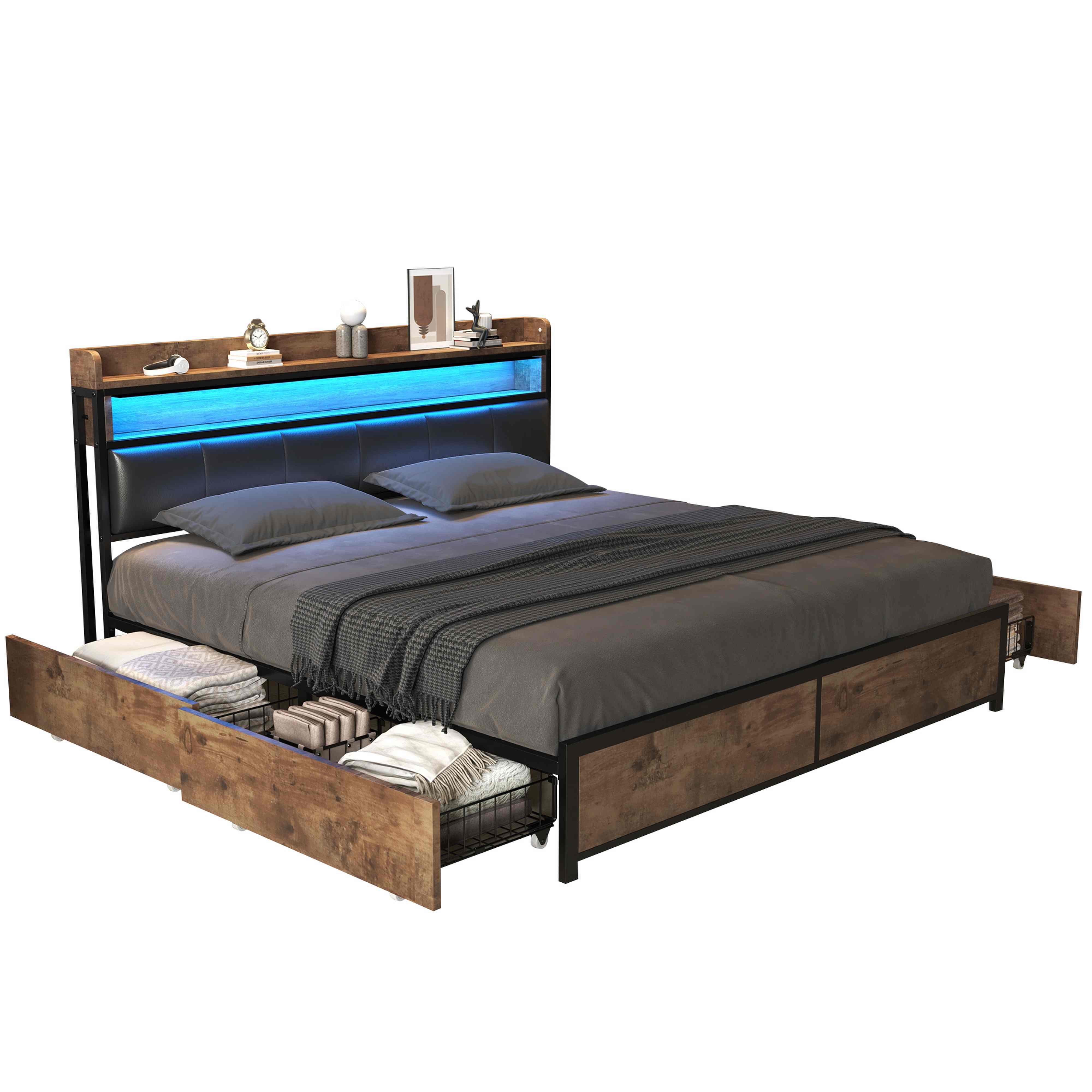Holzbett Stauraumbett Jugendbett Bettgestell Doppelbett, LED-Bett