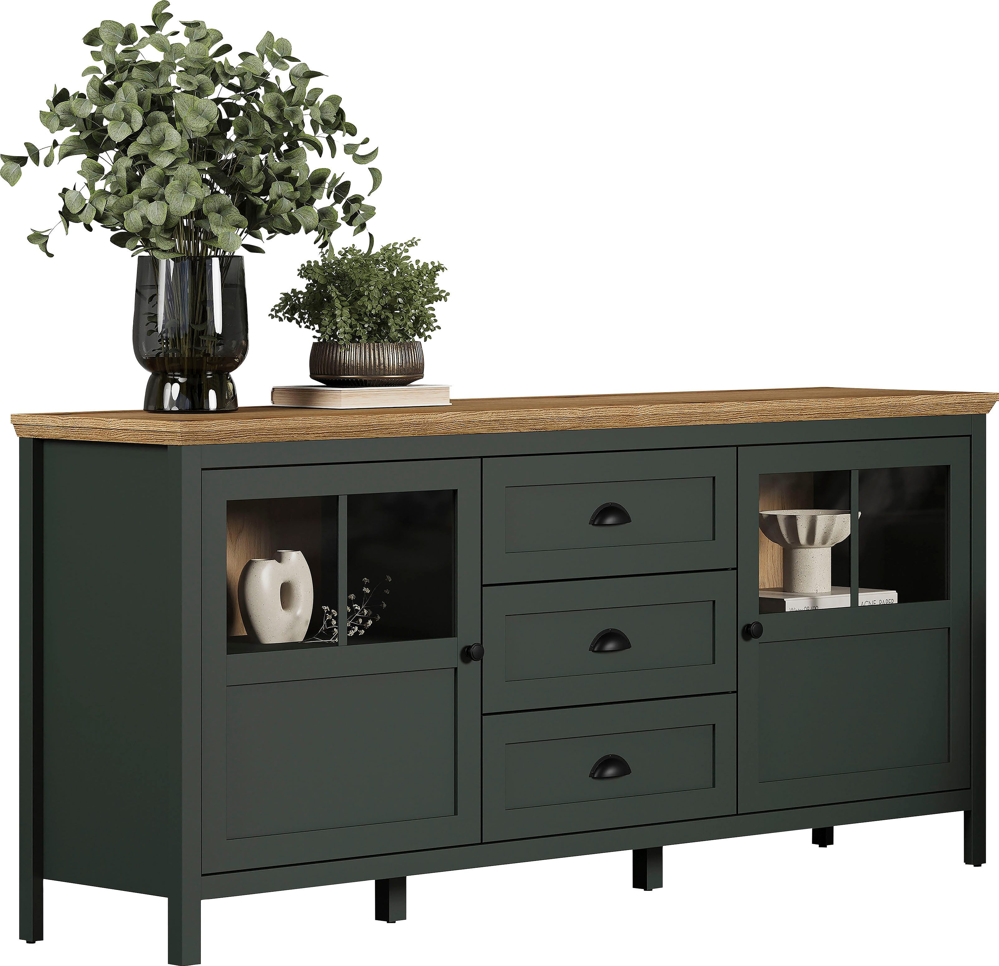 Home affaire Sideboard Vienna (1 St), Kommode im Landhausstil - Beleuchtung, Glastüren - B/T/H 185/45/86 cm