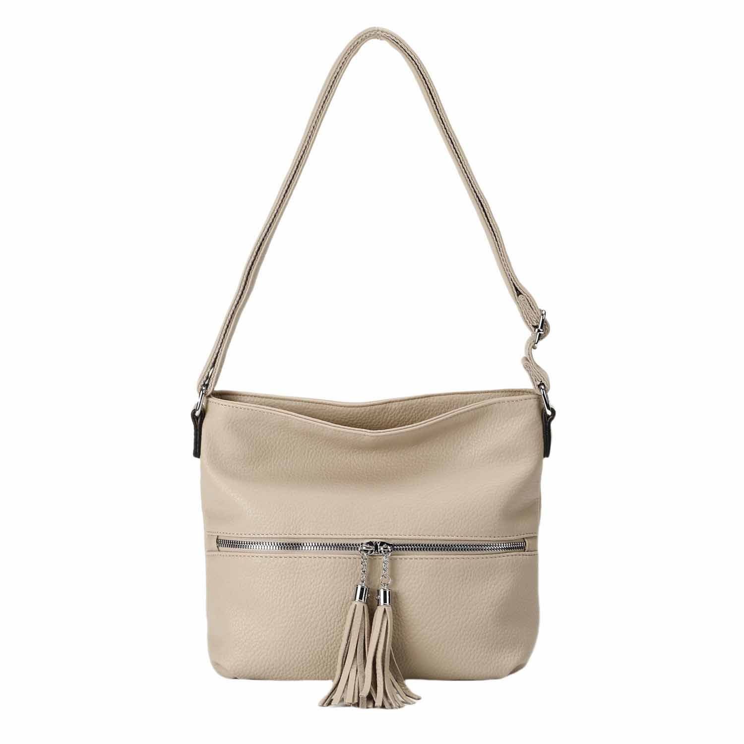 ITALYSHOP24 Schultertasche Damen Tasche Crossbody Shopper Umhängetasche Handtasche Leder Optik, Hobo Bag Damentasche City Bag Freizeit CrossOver Fransen Henkeltasche