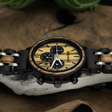 Holzwerk Chronograph BOCHOLT Herren Holz Armband Uhr mit Datum, schwarz, beige, silber