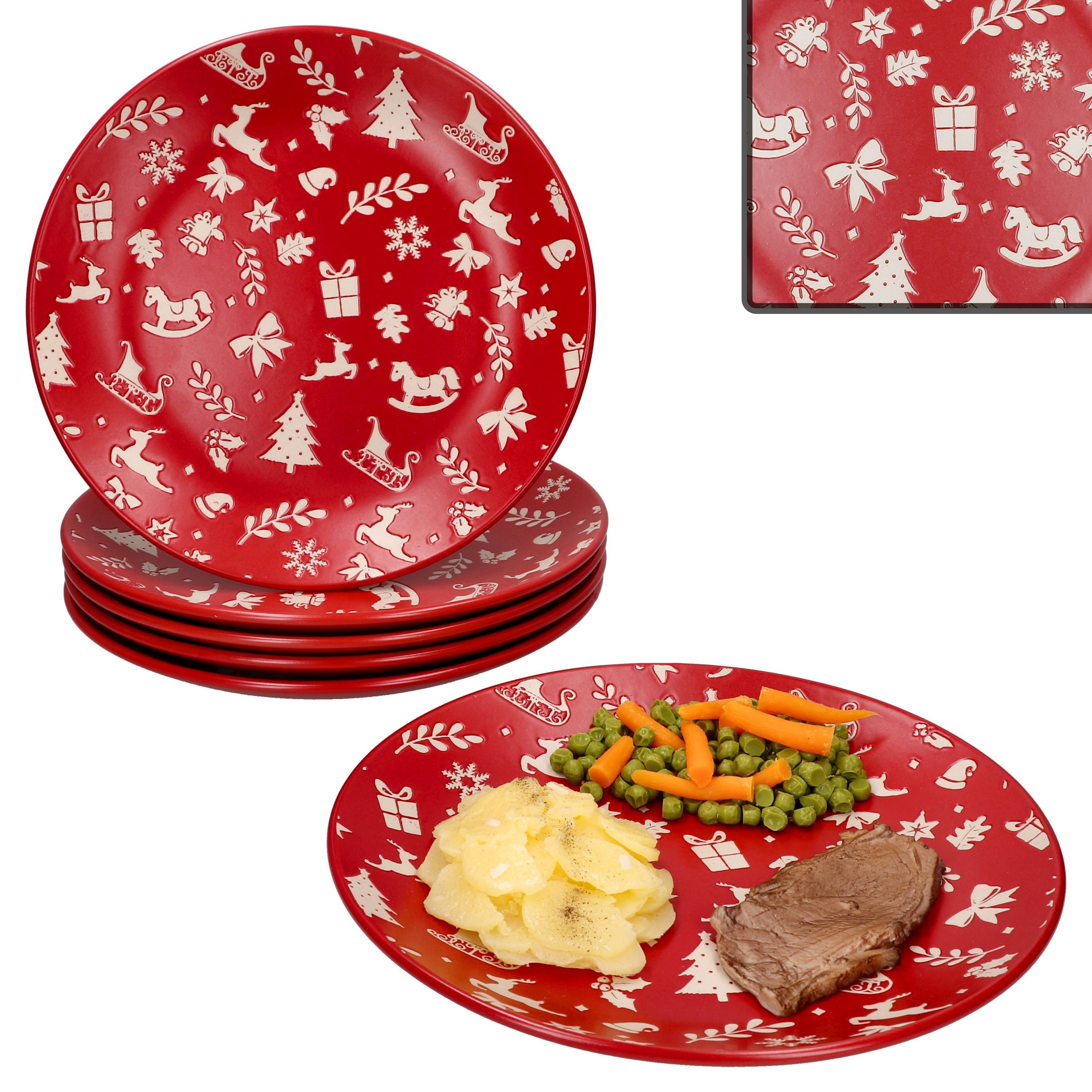 MamboCat Speiseteller 6er Set Advent Speiseteller Ø27cm Steingut Rot Weihnachten Essteller