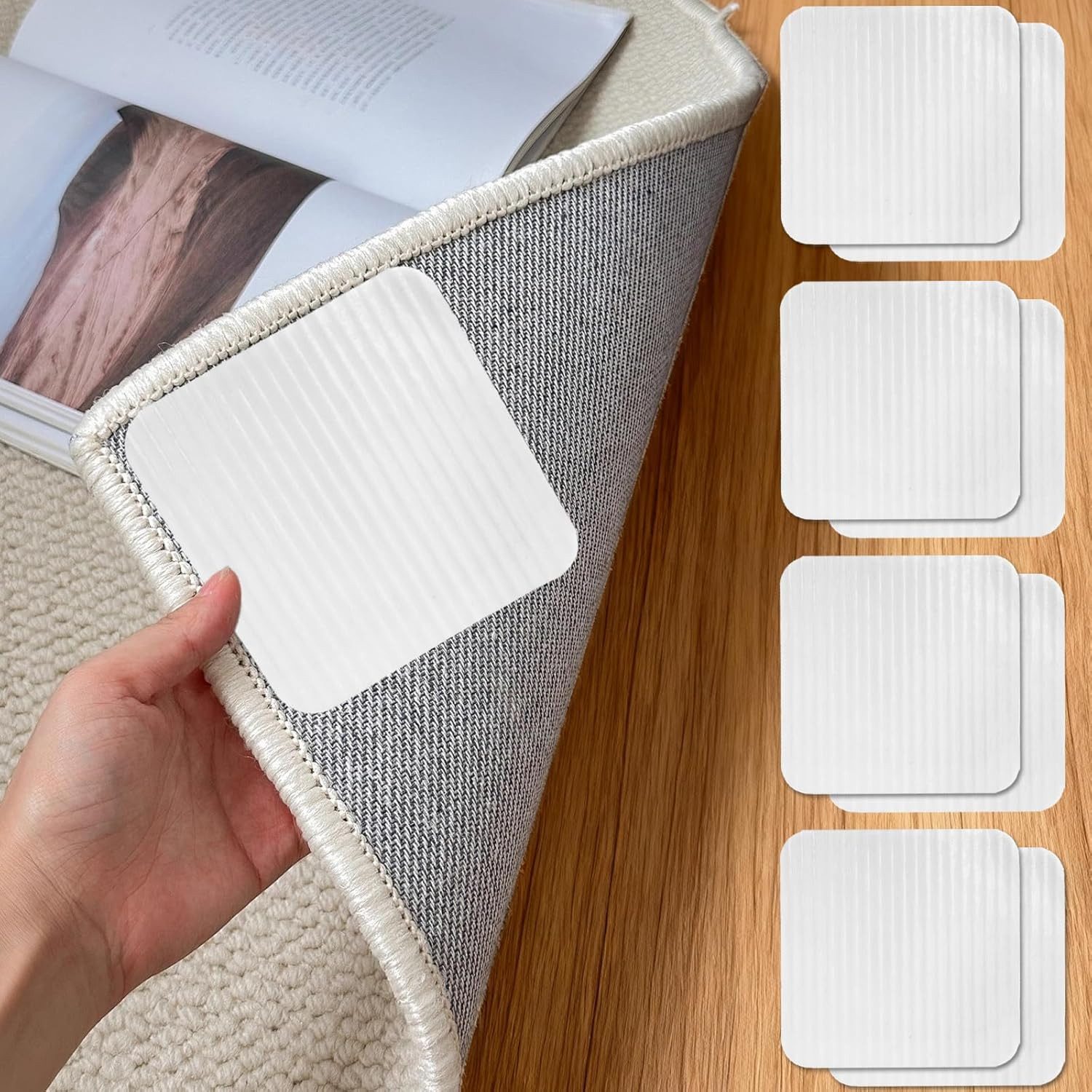 FOUORTUNATE-BEE Teppichunterlage Teppich Anti-Rutsch Pads 10×10 cm – Fixierung ohne Rückstände, (8-St), Quadratische Teppichhalter für Fliesen, waschbar & haftend