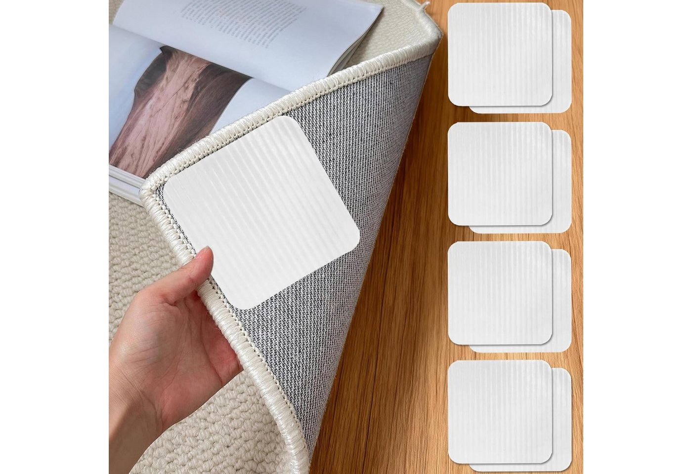 FOUORTUNATE-BEE Teppichunterlage Teppich Anti-Rutsch Pads 10×10 cm – Fixierung ohne Rückstände, (8-St), Quadratische Teppichhalter für Fliesen, waschbar & haftend