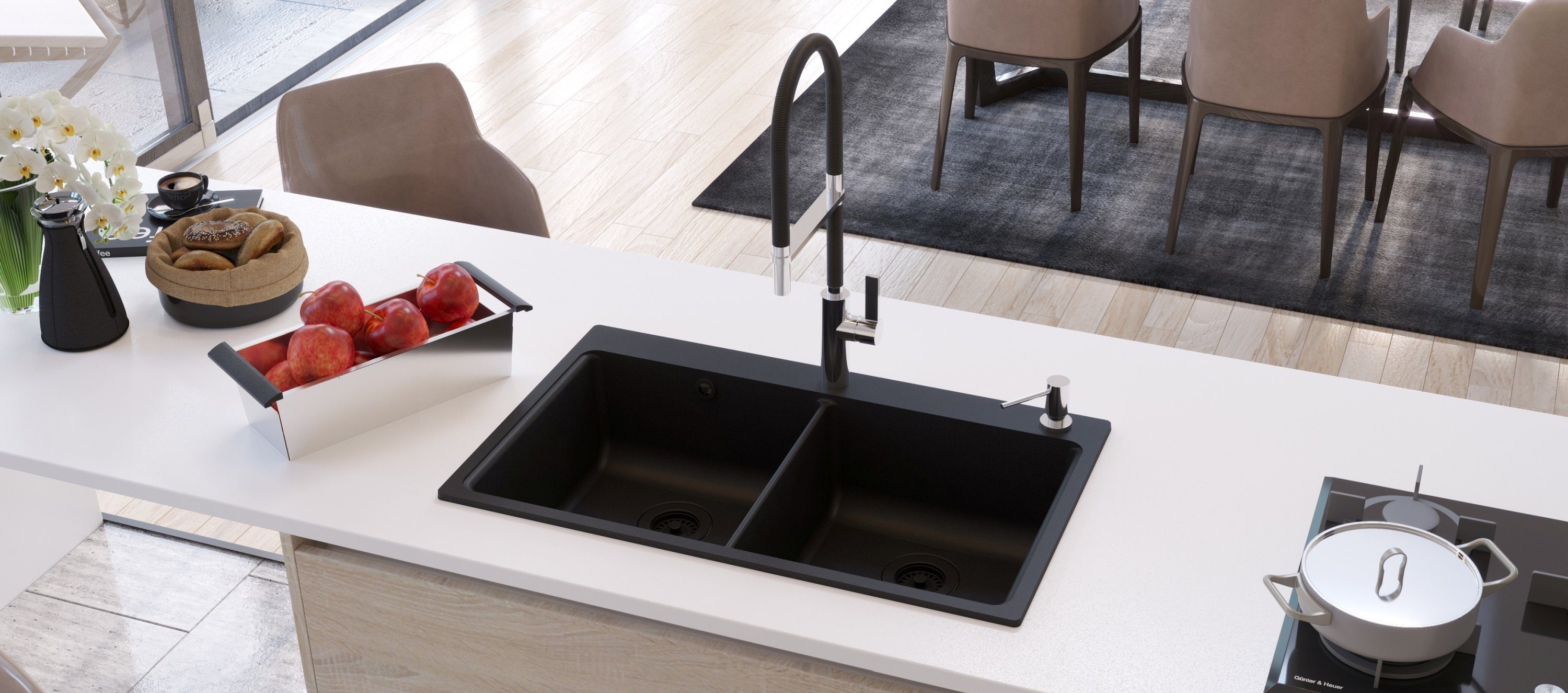 Quellmalz Granitspüle Schwarz Doppelbecken ab 90er Unterschrank 86 x 51 cm W-DB860