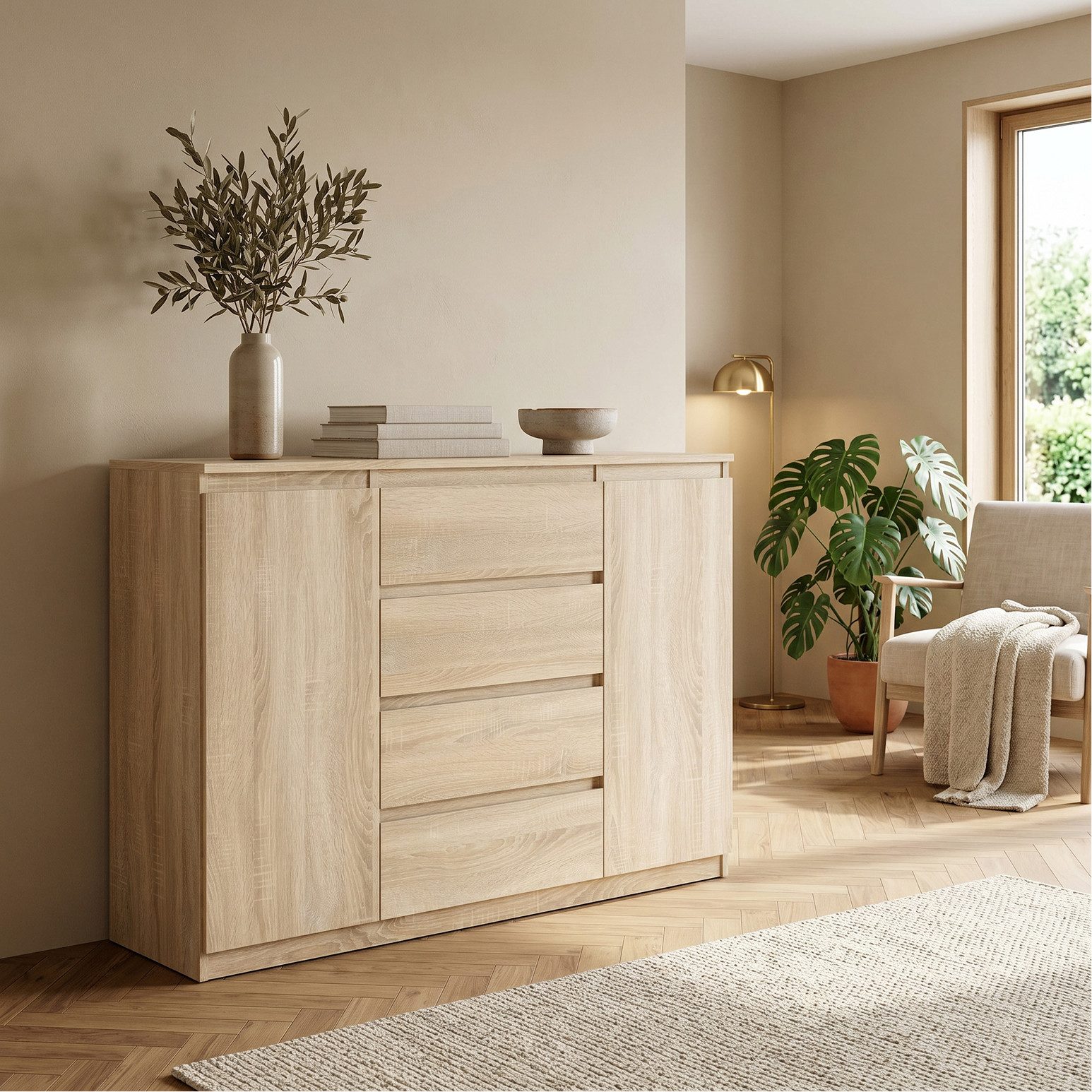 Masseno Kommode NUDO 120 cm Sideboard mit 4 Schubladen und 2 Türen Eiche Sonoma – Bild 3 von 5