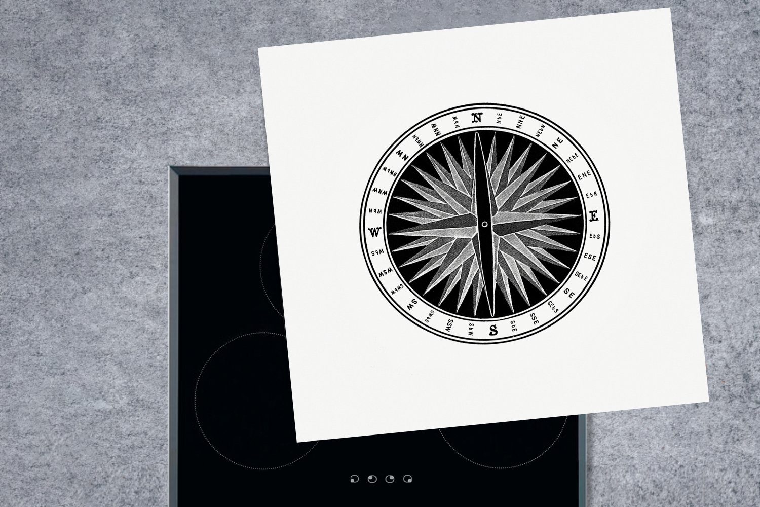 Vinyl, tlg), Arbeitsplatte - Kompass für küche Windrose MuchoWow Ceranfeldabdeckung, (1 cm, Retro, Herdblende-/Abdeckplatte - 78x78