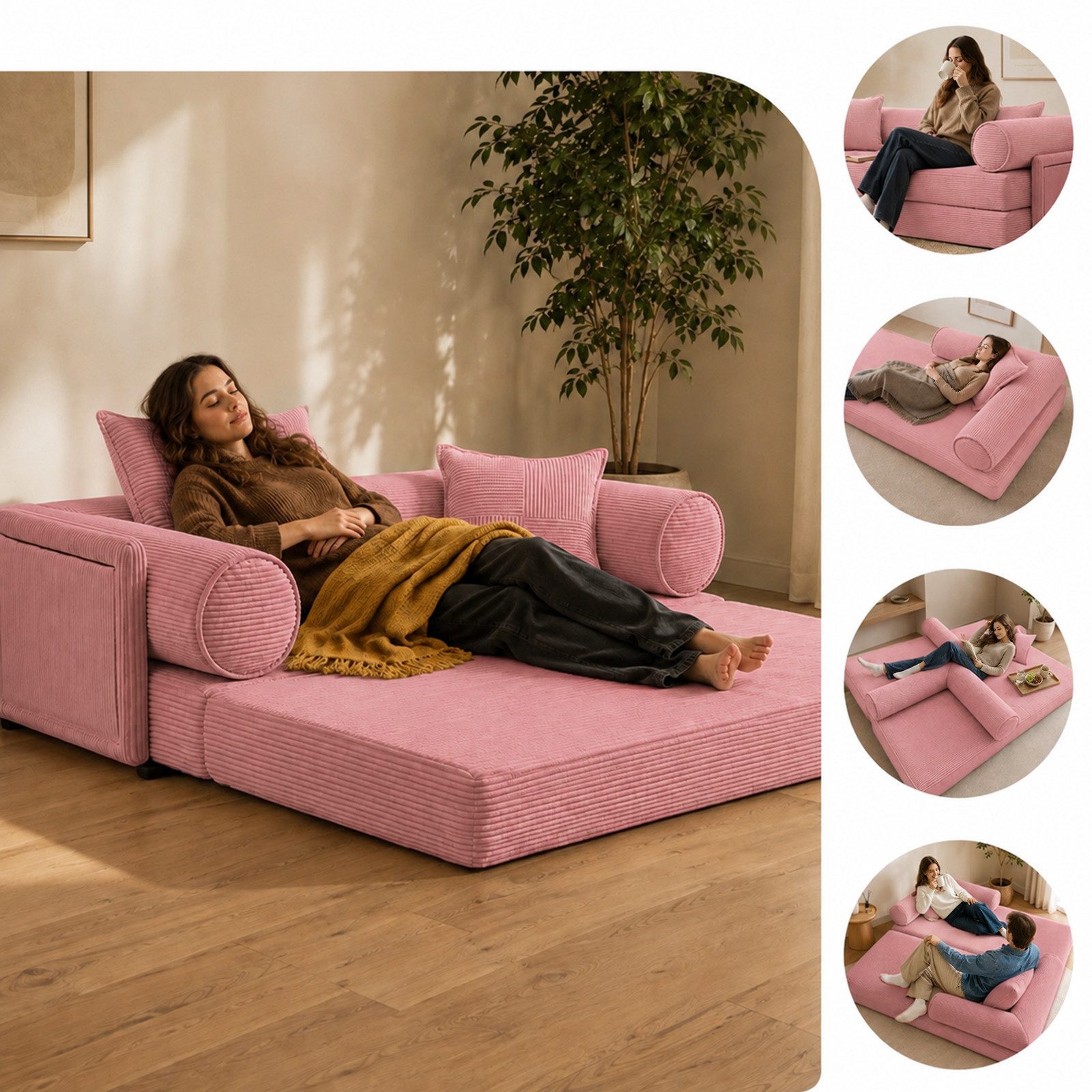 Hoolamyie Sofa 6-in-1 Cord Schlafsofa mit Schlaffunktion, 200 cm breit, 2-Sitzer, Modulares Sofa, ohne Montage, komprimiert verpackt, bis 200 kg – Bild 4 von 5
