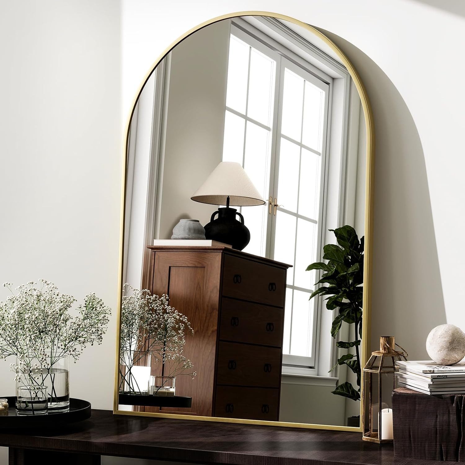 MC Star Badspiegel Bogen-Badezimmerspiegel, Wandspiegel, Eingangsbereich, Schminkspiegel (für Schlafzimmer, goldfarbener Metallrahmen, Wohnzimmer, Heimdekoration)