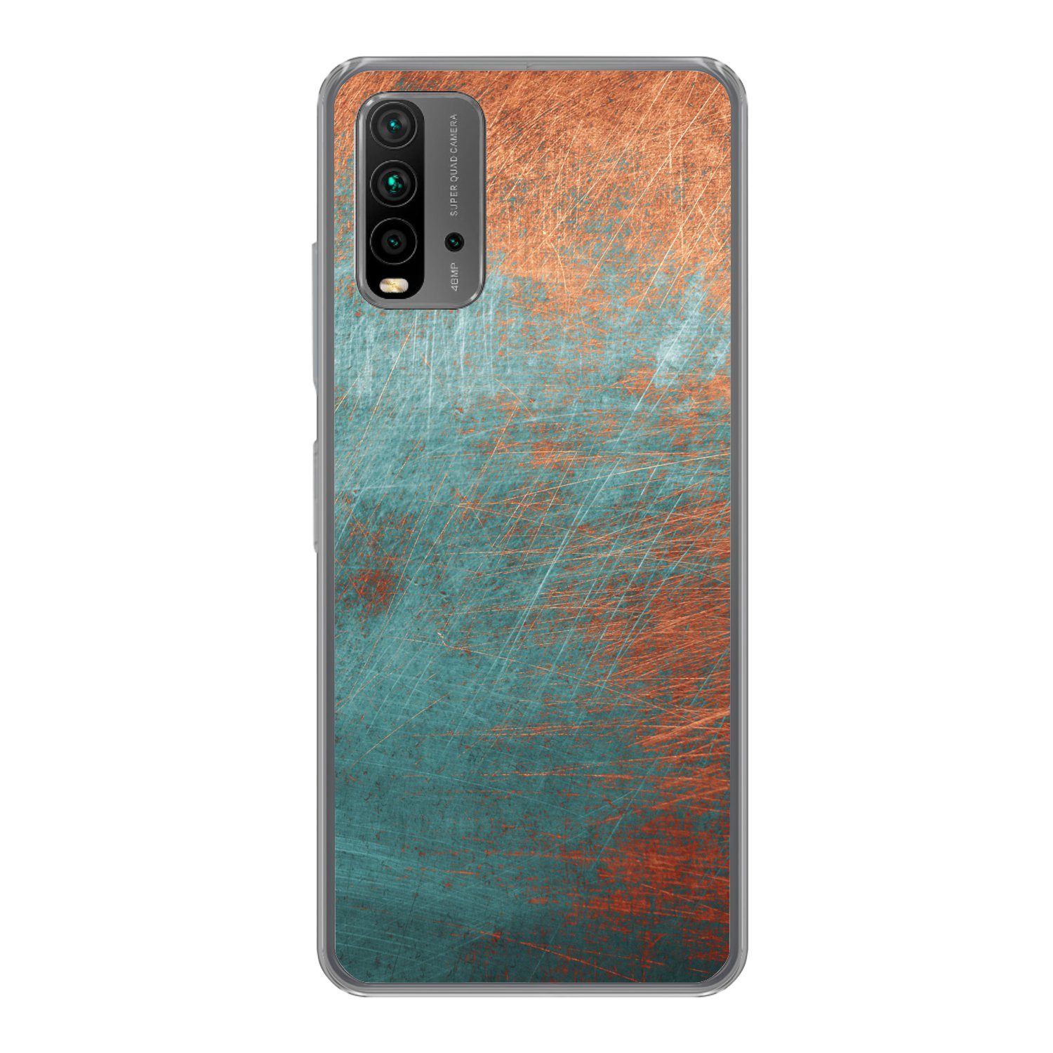 MuchoWow Handyhülle für Xiaomi Redmi 9T Metall - Rost - Bronze - Blau - Abstrakt - Struktu, Phone Case, Silikon, Schutzhülle Dünn