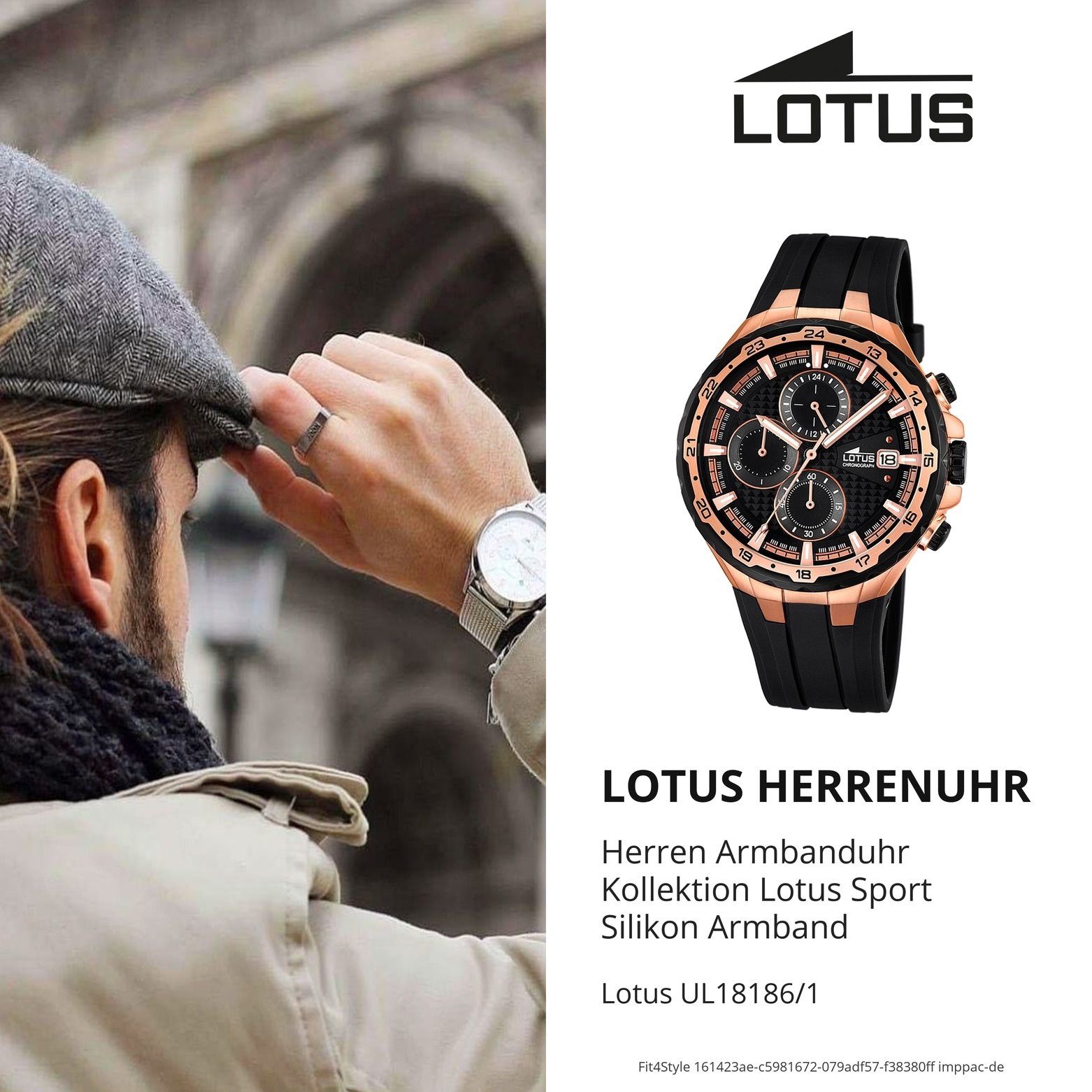 groß Casual 42mm), (ca. Uhr Herren Silikonarmband Chronograph schwarz Lotus L18186/1 rund, Lotus Silikon, Armbanduhr Herren