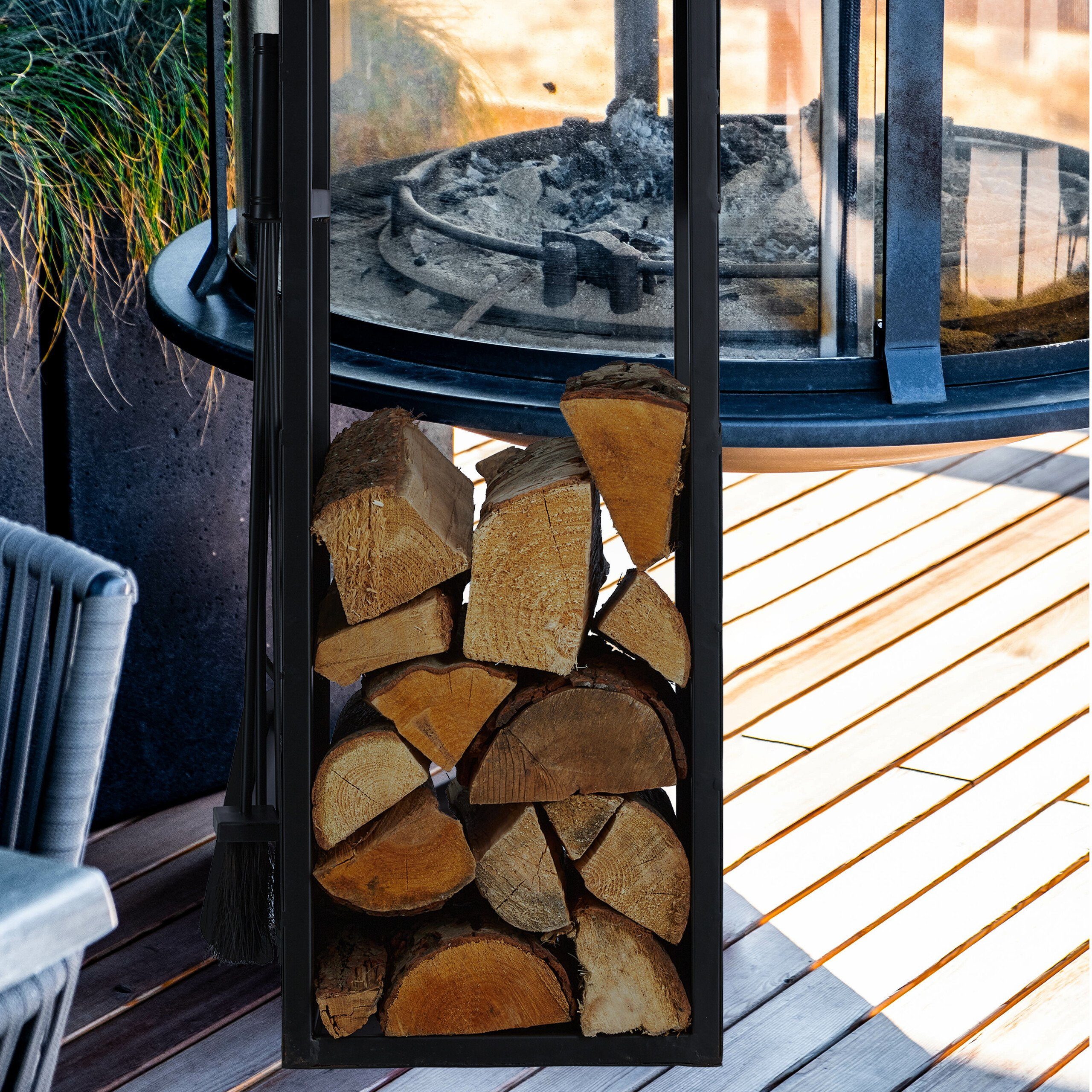 relaxdays Kaminholzregal Schwarzes Kaminholzregal mit Besteck, BxTxH:36x30x76.5 cm, (5-St) – Bild 5 von 5