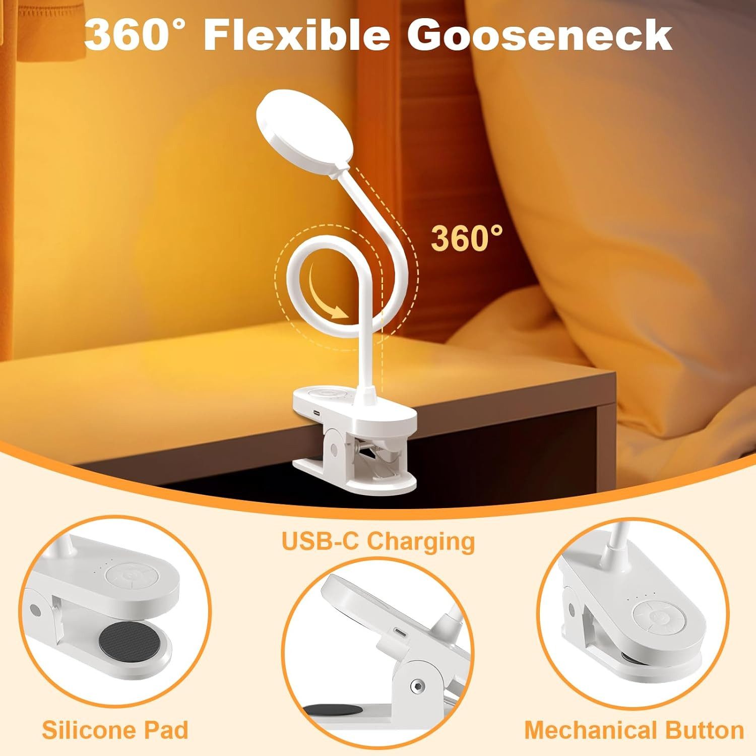 FELIXLEO LED Leselampe 61 LED Akku Leselampe Bett 2000mAh Klemmlampe 3 Modi USB-C – Bild 3 von 5