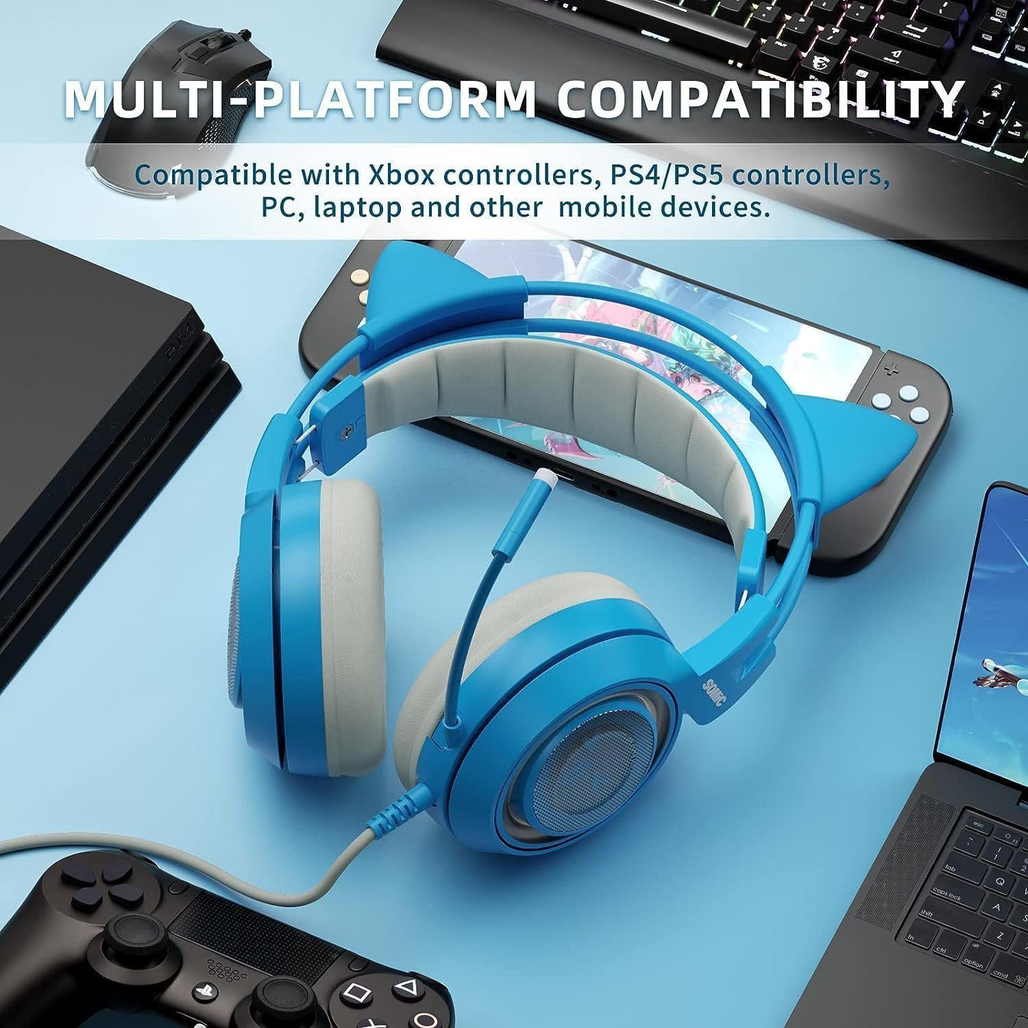 (3D-Klangqualität Mikrofon Rauschunterdrückung in G951S , für Blau immersives mit Somikon Gaming-Erlebnis mit "Gaming-Headset Frauen) Gaming-Headset für