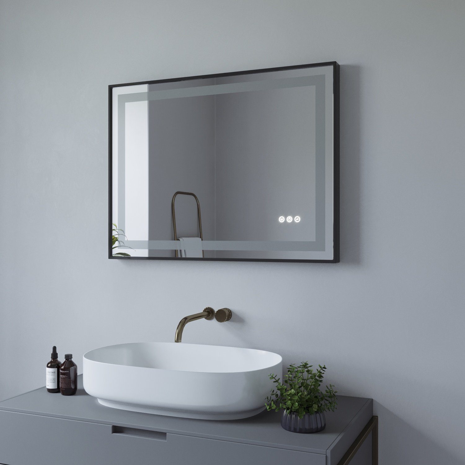 AQUALAVOS Badspiegel Badspiegel mit Beleuchtung, Energiesparender 6400K Warmweiß Schwarzer Antibeschlage LED Licht Rahmen 3000K Kaltweiß/ Licht Lichtspiegel, mit