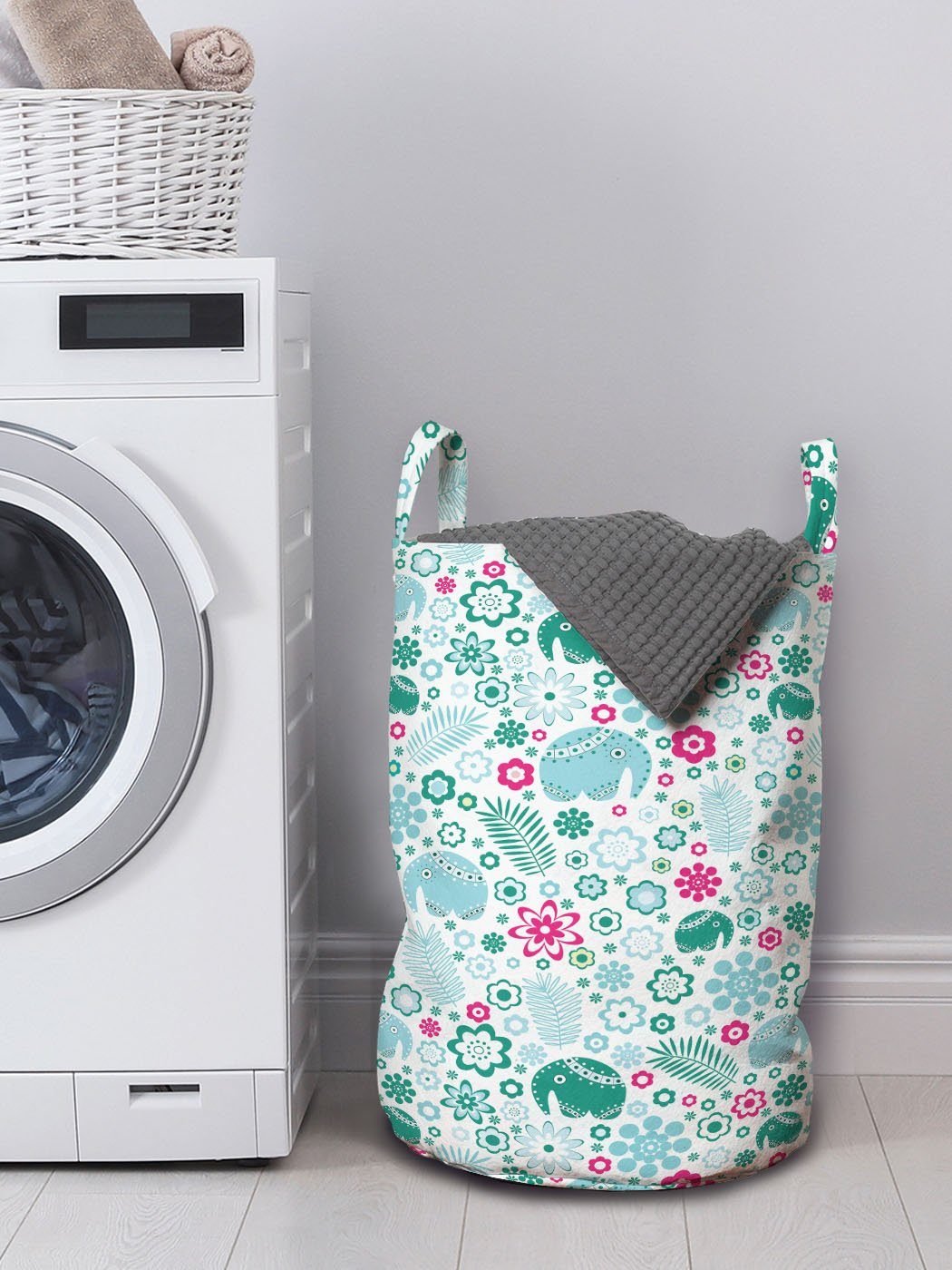 Waschsalons, Kunst Wäschesäckchen für mit tropische Kordelzugverschluss Wäschekorb Abakuhaus Griffen Elefant