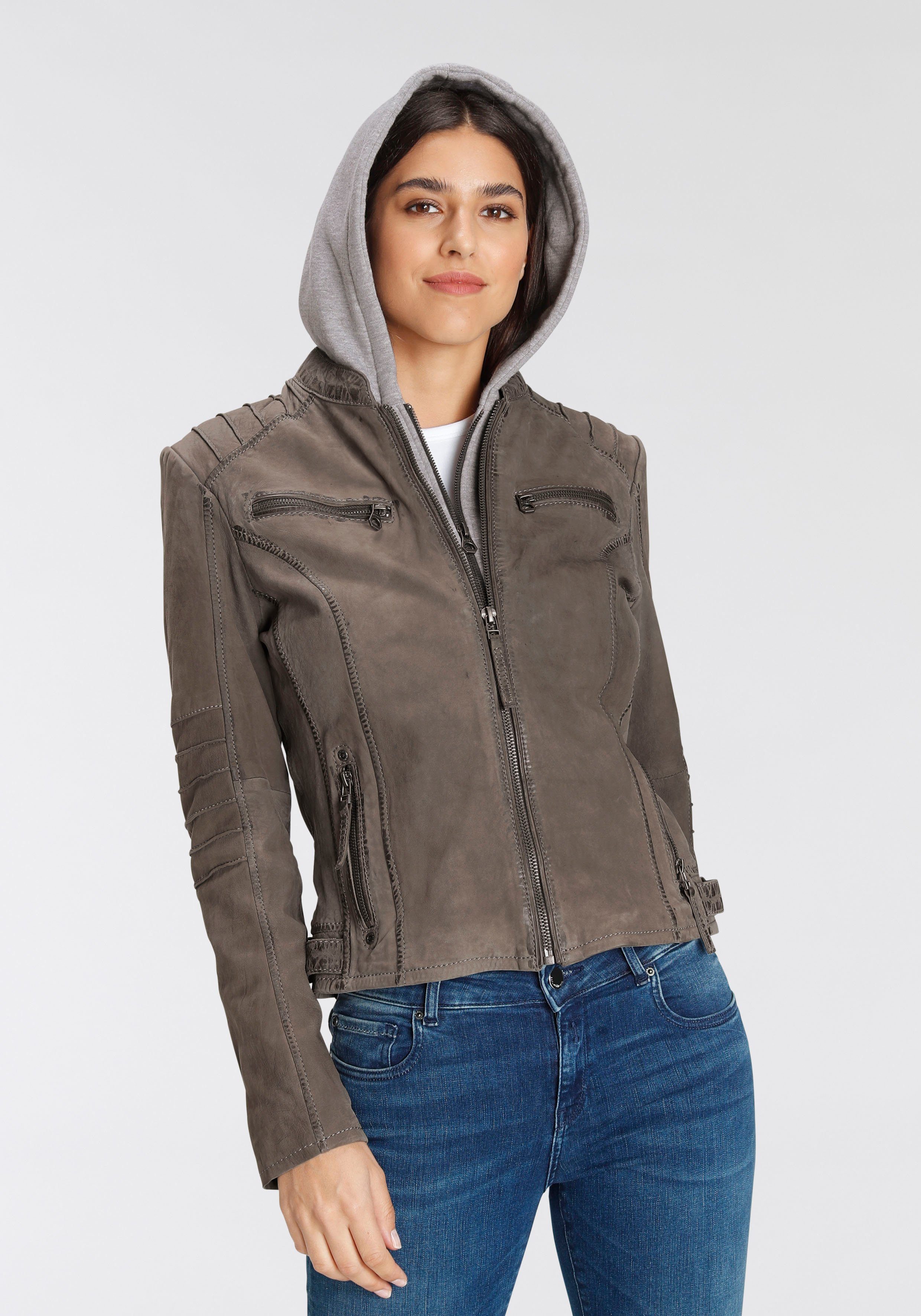 abnehmbarer - Style Lederjacke Jersey-Kapuze NOLAH grey mit Two-in-One Gipsy