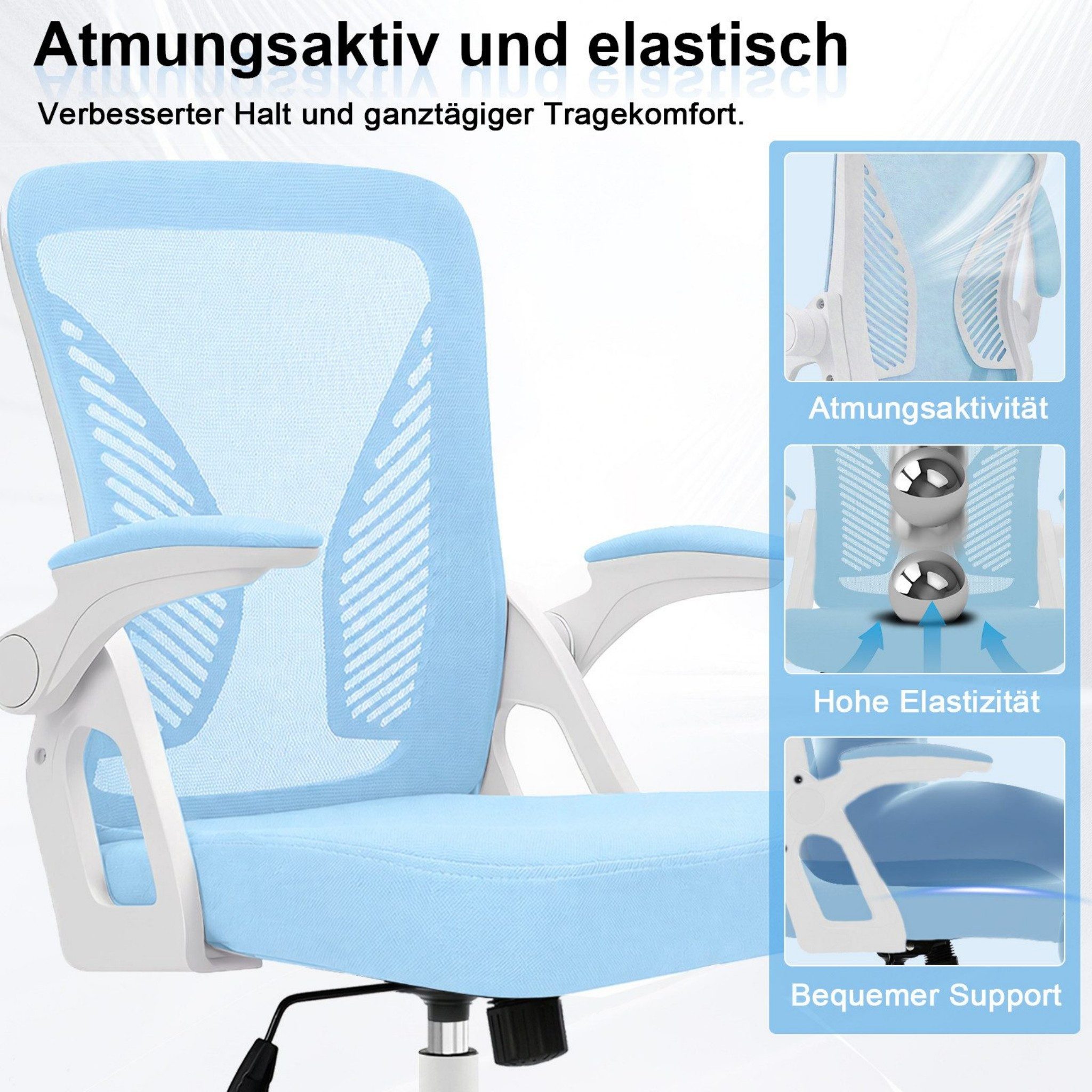 Milacyee Bürostuhl Ergonomischer Bürostuhl mit 90° klappbaren, gepolsterten Armlehnen (Höhenverstellbarer Atmungsaktiv Chefsessel mit geräuscharmen Rollen,Drehs – Bild 2 von 5