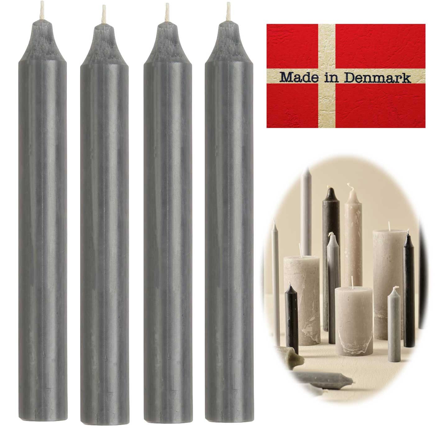 LS-LebenStil Tafelkerze Exklusive Stabkerzen Ribe Rustik 4´er Set Grau 18x2,2cm (Made in Denmark - iB Laursen Denmark - Unparfümiert Spitzkerzen Tafelkerzen, 4-tlg., für Tischdeko Hochzeit Taufe Advent Weihnachten)