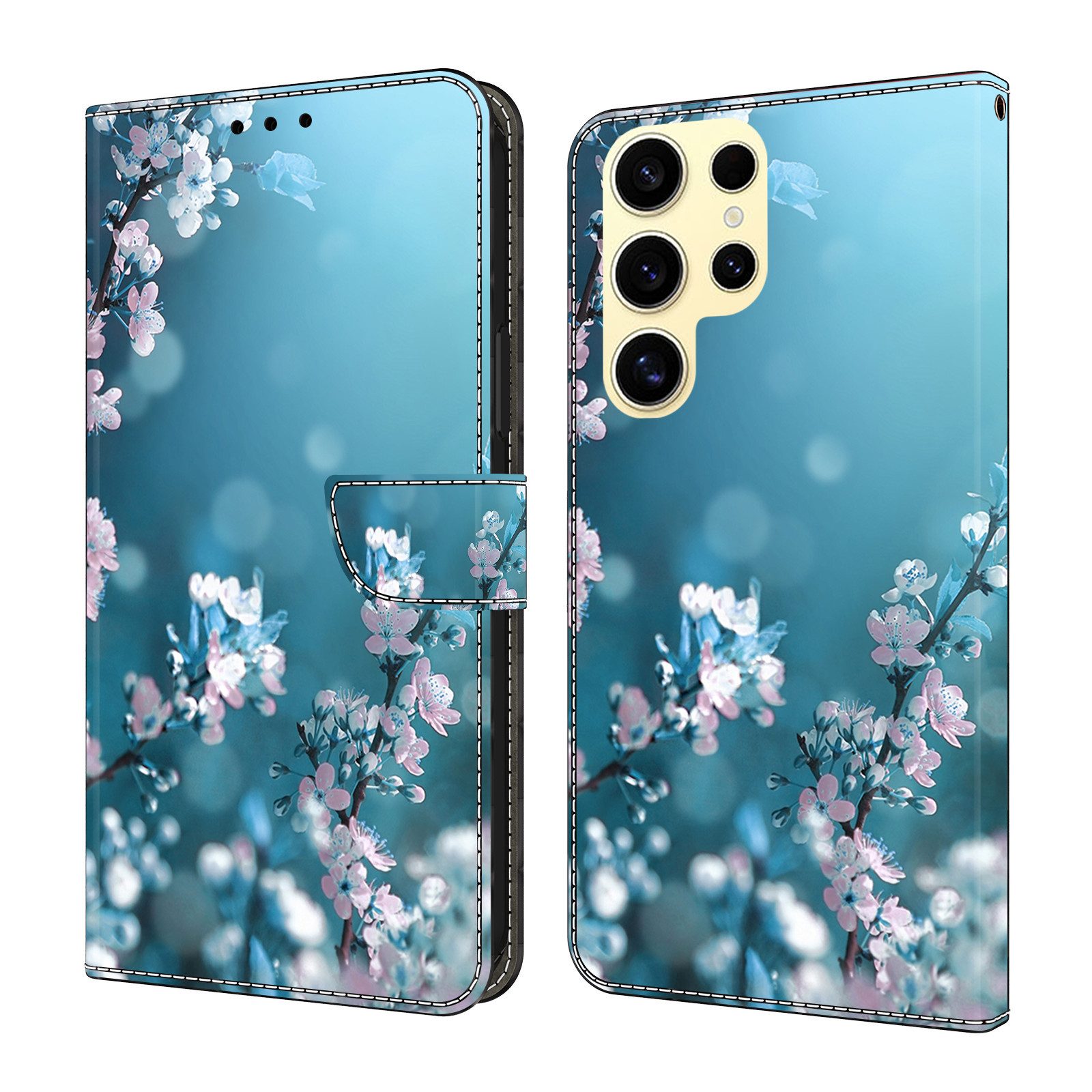 CLM-Tech Handytasche für Samsung Galaxy S25 Ultra Hülle aus PU-Leder Klapphülle (Pflaumenblüte blau, Handyhülle mit Standfunktion - Wallet Flip Case inklusive Kartenfächer), Cover Magnetverschluss - Samsung Galaxy S25 Ultra 6,8 Zoll Schutzhülle