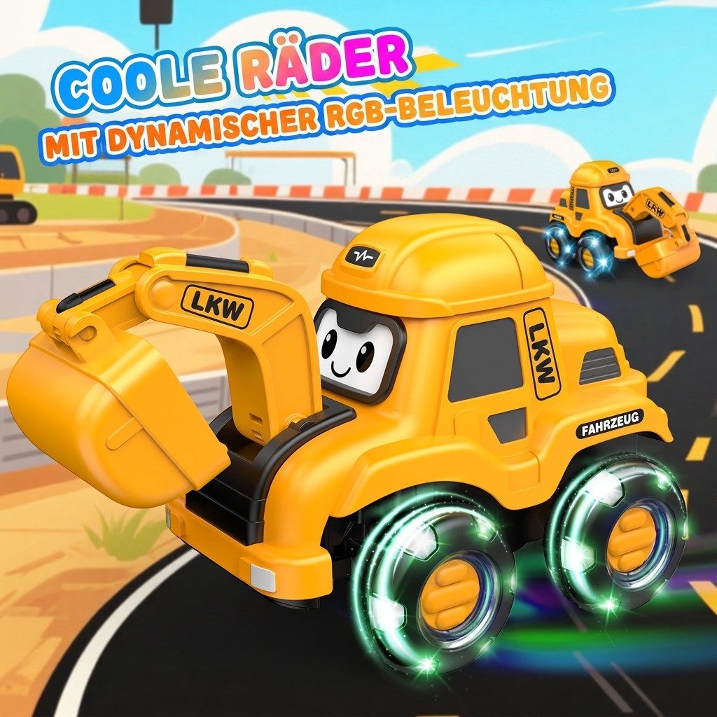Wootoy RC-Bagger Ferngesteuerter Bagger Spielzeug-Baumaschine Spielzeug-Auto mit LED (mit 2-Tasten-Fernbedienung und integrierte Musik, 1-tlg., USB-C wiederaufladbar), Manuell beweglicher Schaufelarm im Sandkasten Garten oder Innenbereich