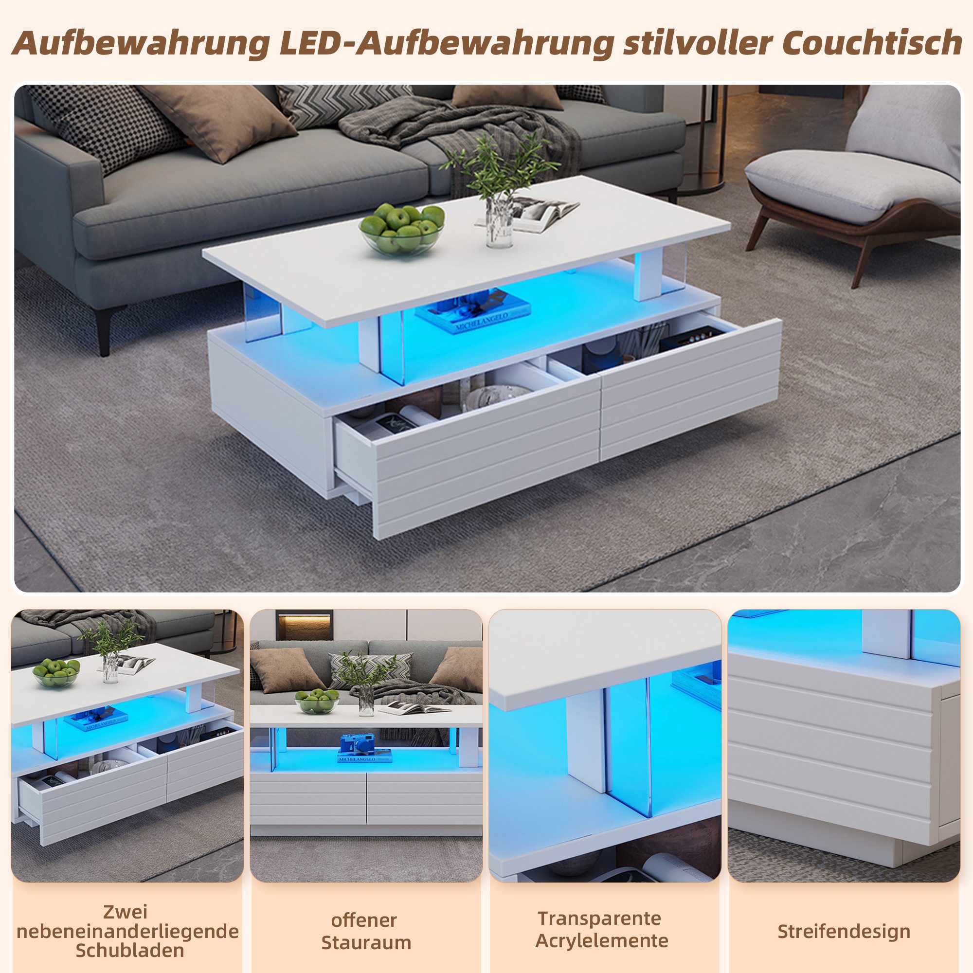 Merax Couchtisch Sofatisch mit 2 Schubladen & Stauraum (1-St., 1 Tisch), Wohnzimmertisch Sofatisch Beistelltisch mit LED-Beleuchtung inkl. APP – Bild 5 von 5