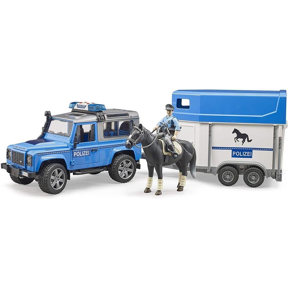 Bruder® Toy Police Land Rover Defender, Police Vehicle with Horse Trailer, Horse and Police Officer, Blue/White