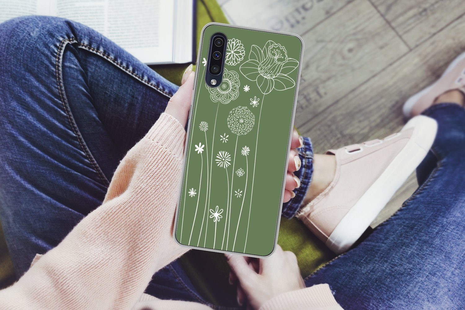 MuchoWow Handyhülle für Samsung Galaxy A50 Illustration eines Blumenmusters in Grün, Smartphone-Bumper, Print, Handy Schutzhülle Dünn