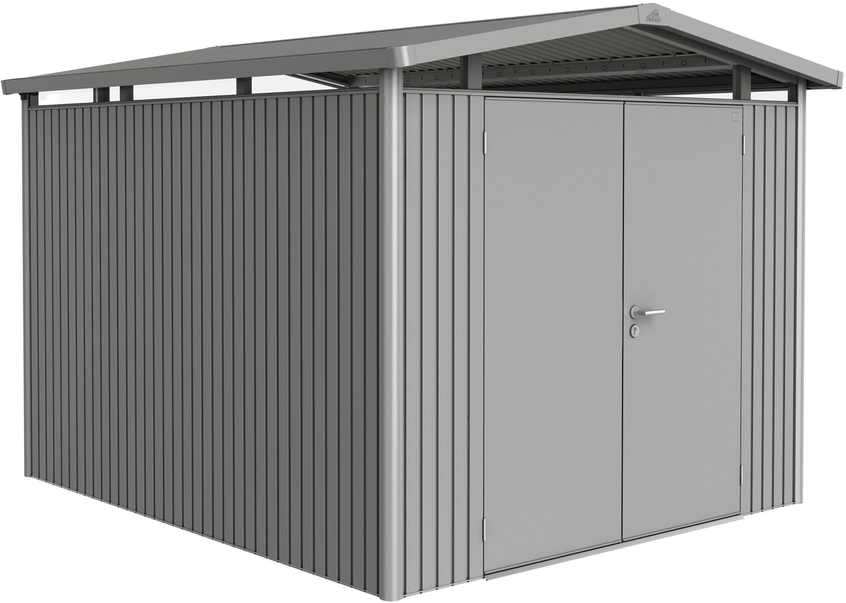 Biohort Gerätehaus PANORAMA Gr. P5 quarzgrau-metallic mit Doppeltür, BxT: 273x318 cm, aus Metall mit umlaufendem Acrylglas-Lichtband