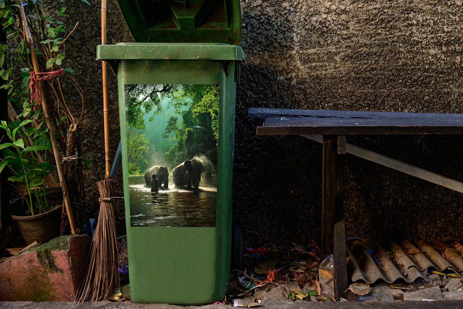 Bäume Mülleimer-aufkleber, - (1 Grün MuchoWow Container, Abfalbehälter Mülltonne, St), Sticker, - Wandsticker Tiere - Elefant - Wasser
